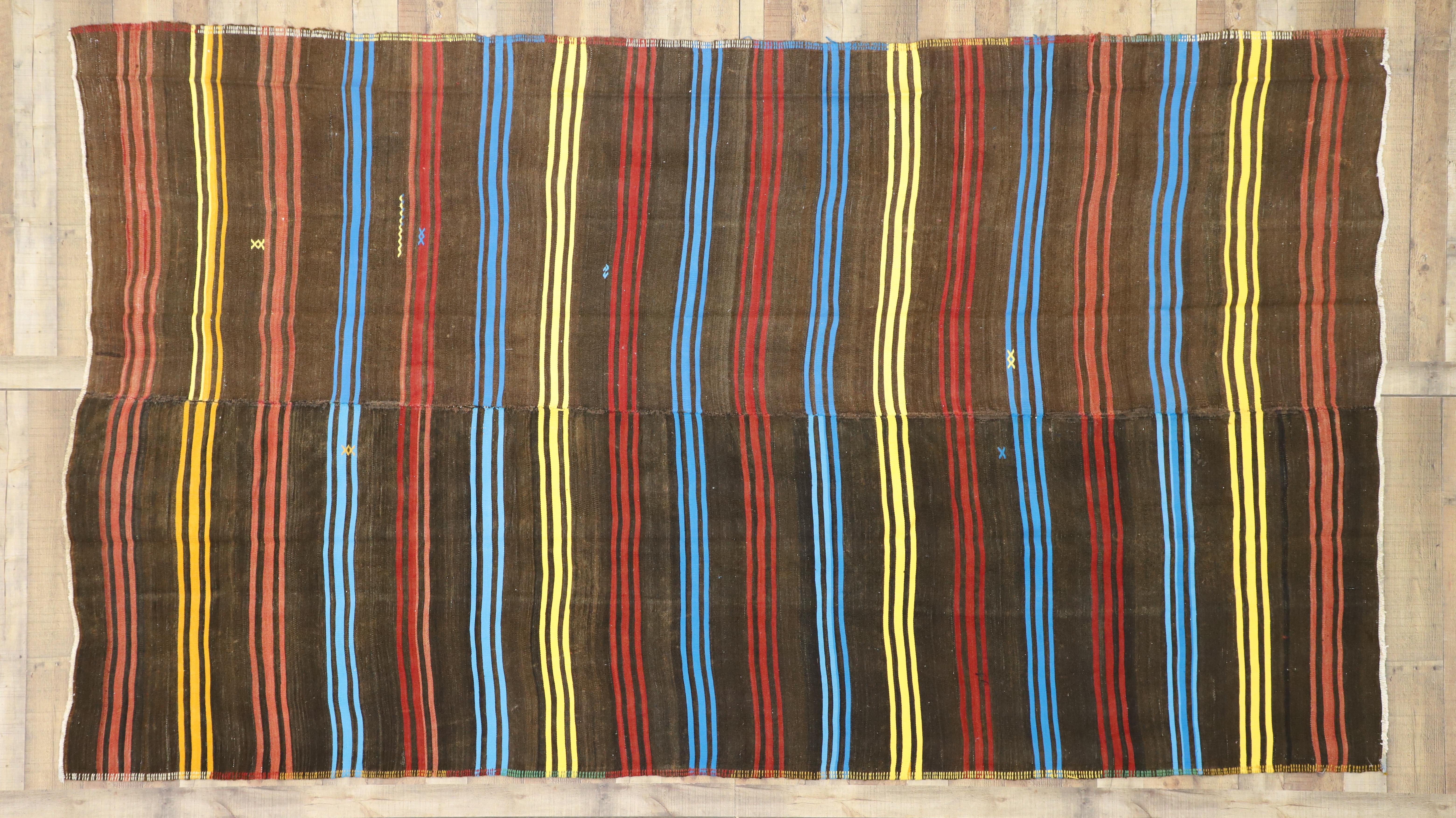 Wool Vintage Turkish Kilim Rug with Colorful Bayadere Stripes with Modern Cabin Style For Sale