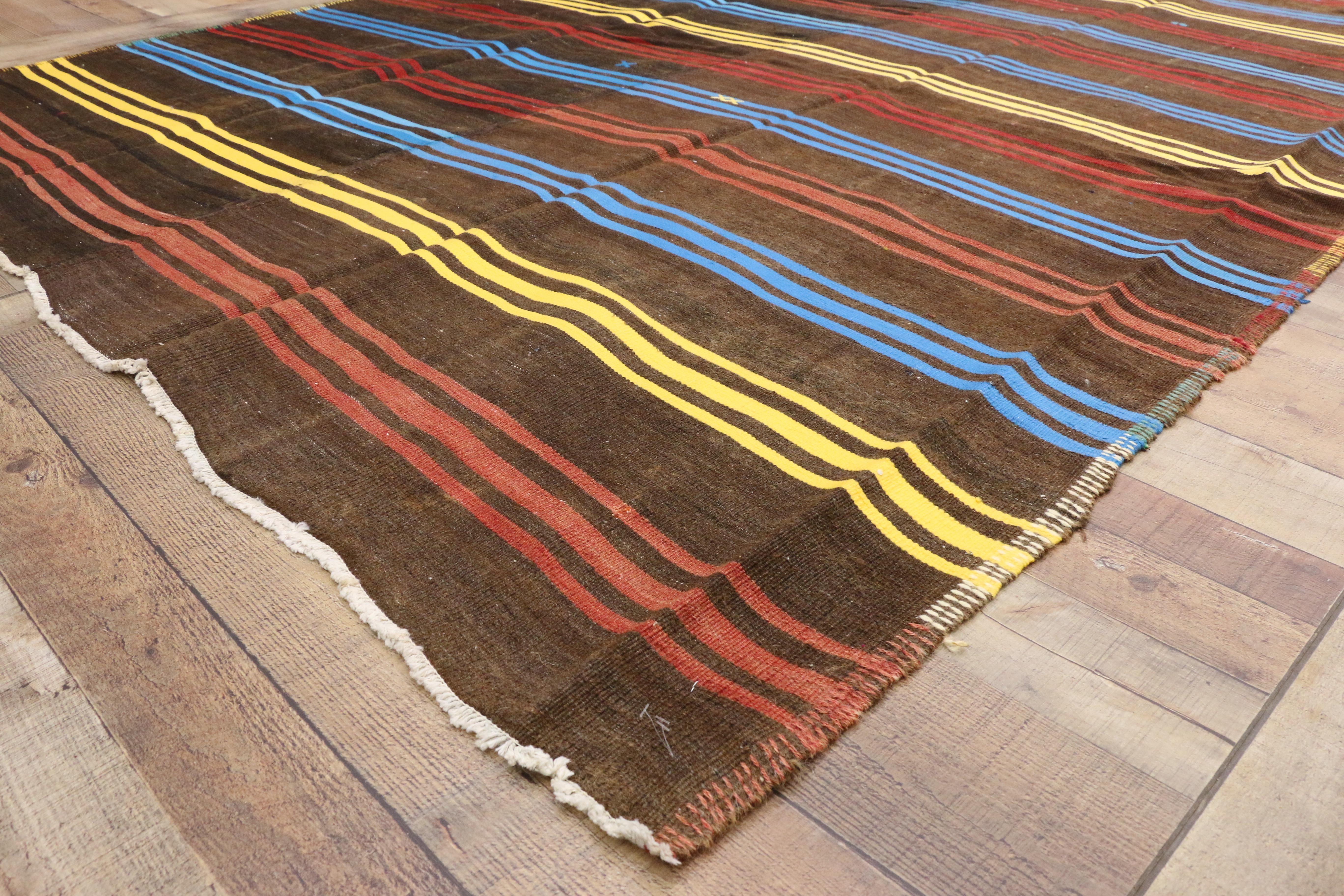 20th Century Vintage Turkish Kilim Rug with Colorful Bayadere Stripes with Modern Cabin Style For Sale