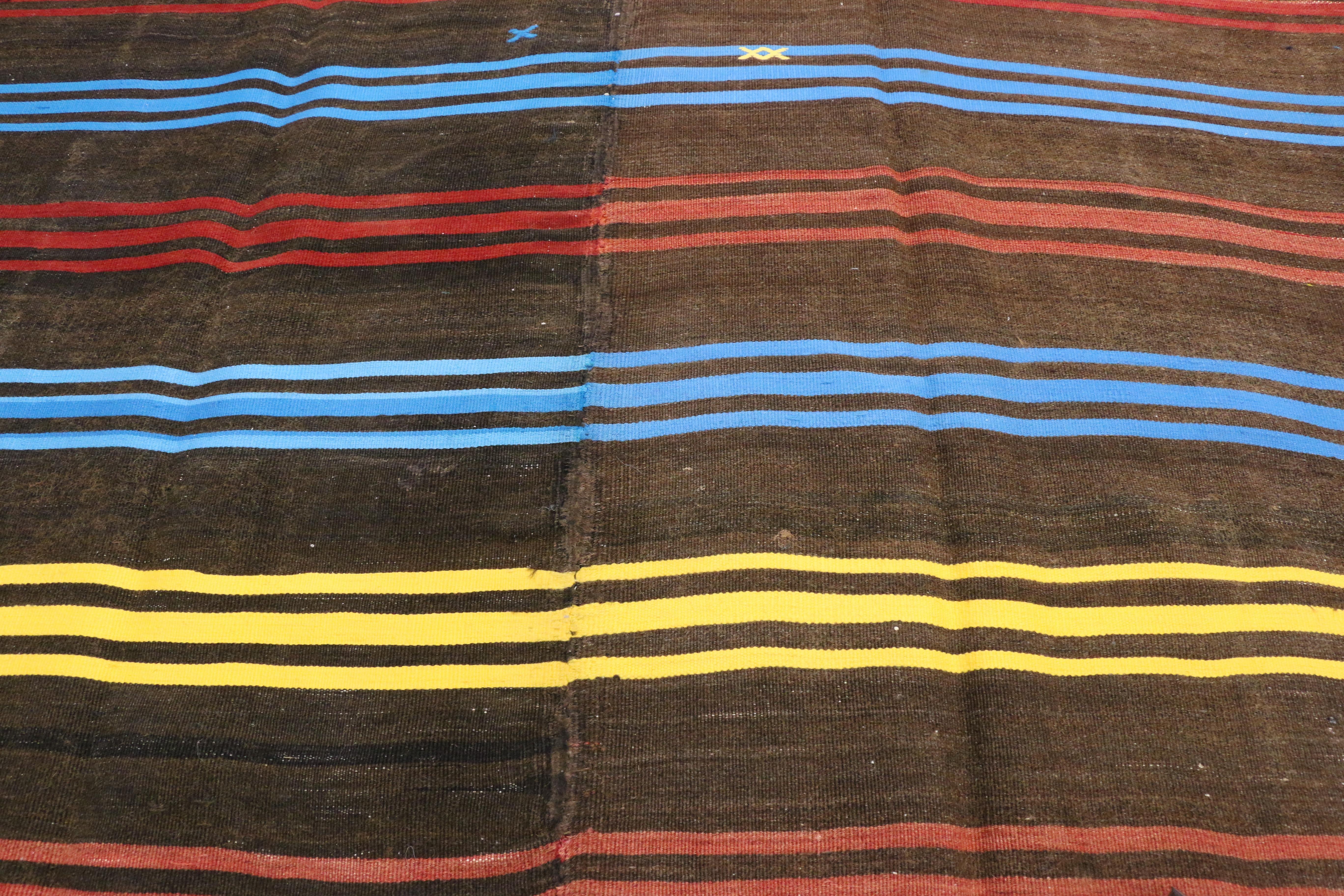 Tribal Vintage Turkish Kilim Rug with Colorful Bayadere Stripes with Modern Cabin Style For Sale