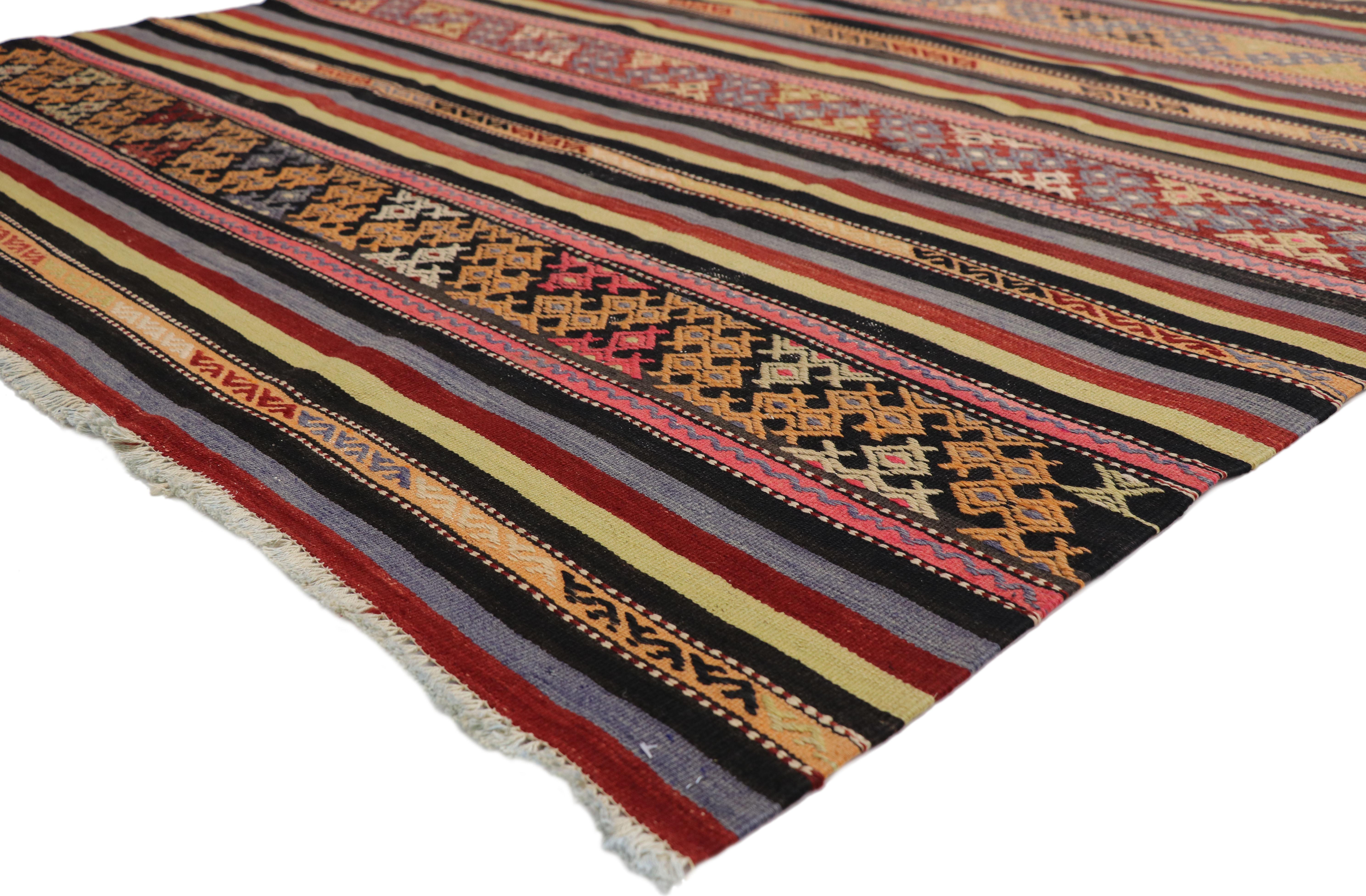 Hand-Woven Vintage Turkish Striped Kilim Rug with Tribal Bohemian Style, Flat-Weave Rug For Sale