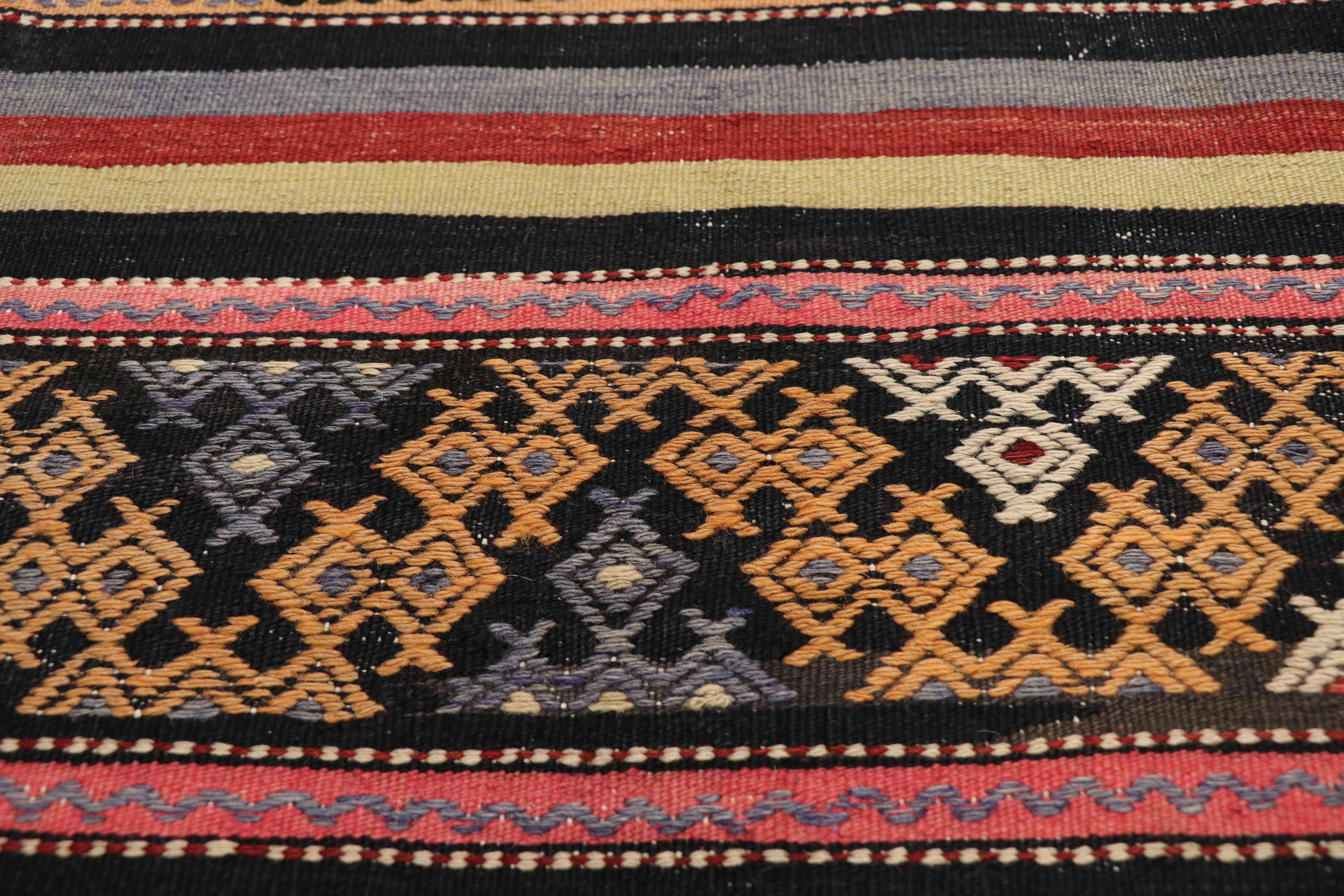 20th Century Vintage Turkish Striped Kilim Rug with Tribal Bohemian Style, Flat-Weave Rug For Sale