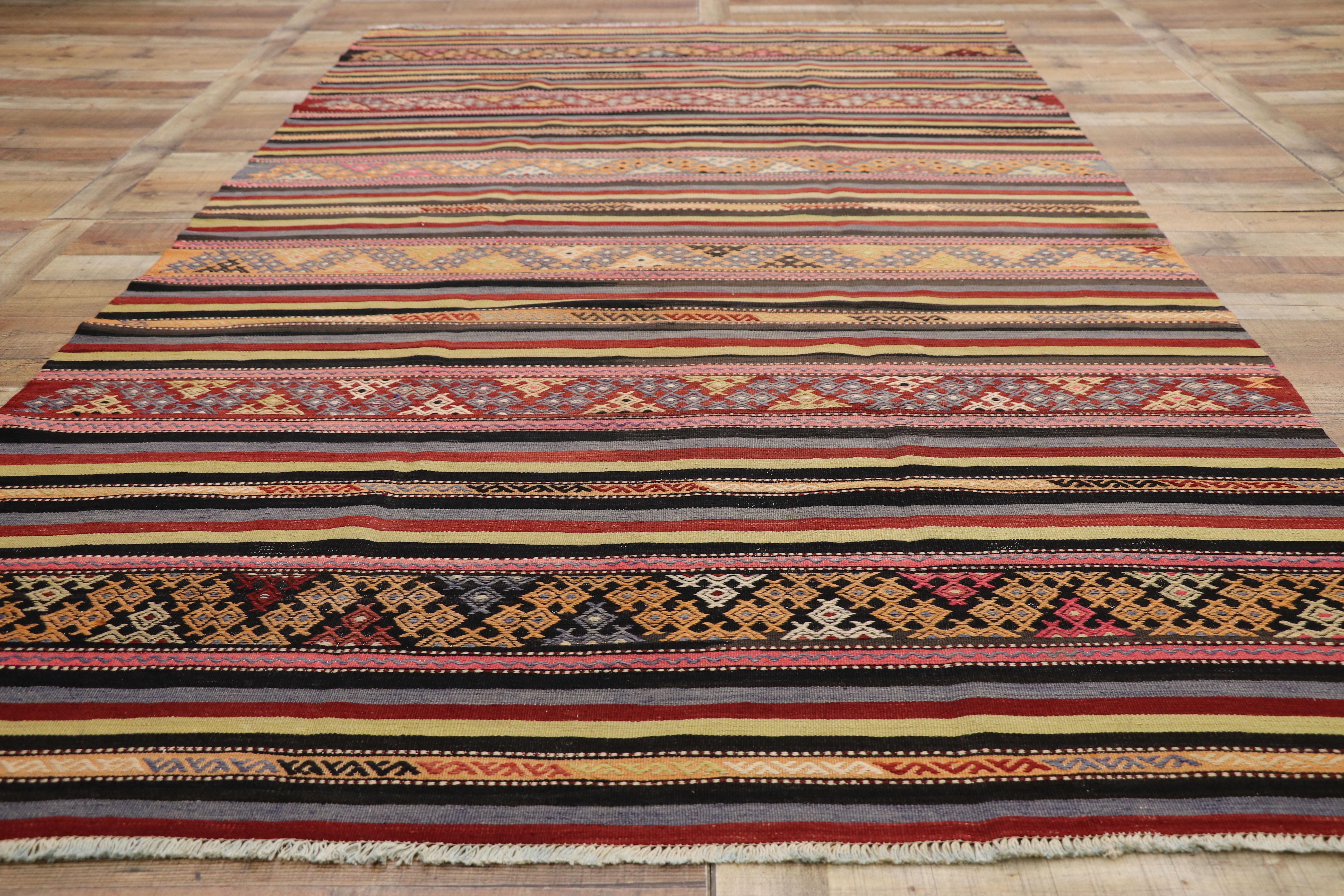 Vintage Turkish Striped Kilim Rug with Tribal Bohemian Style, Flat-Weave Rug For Sale 2