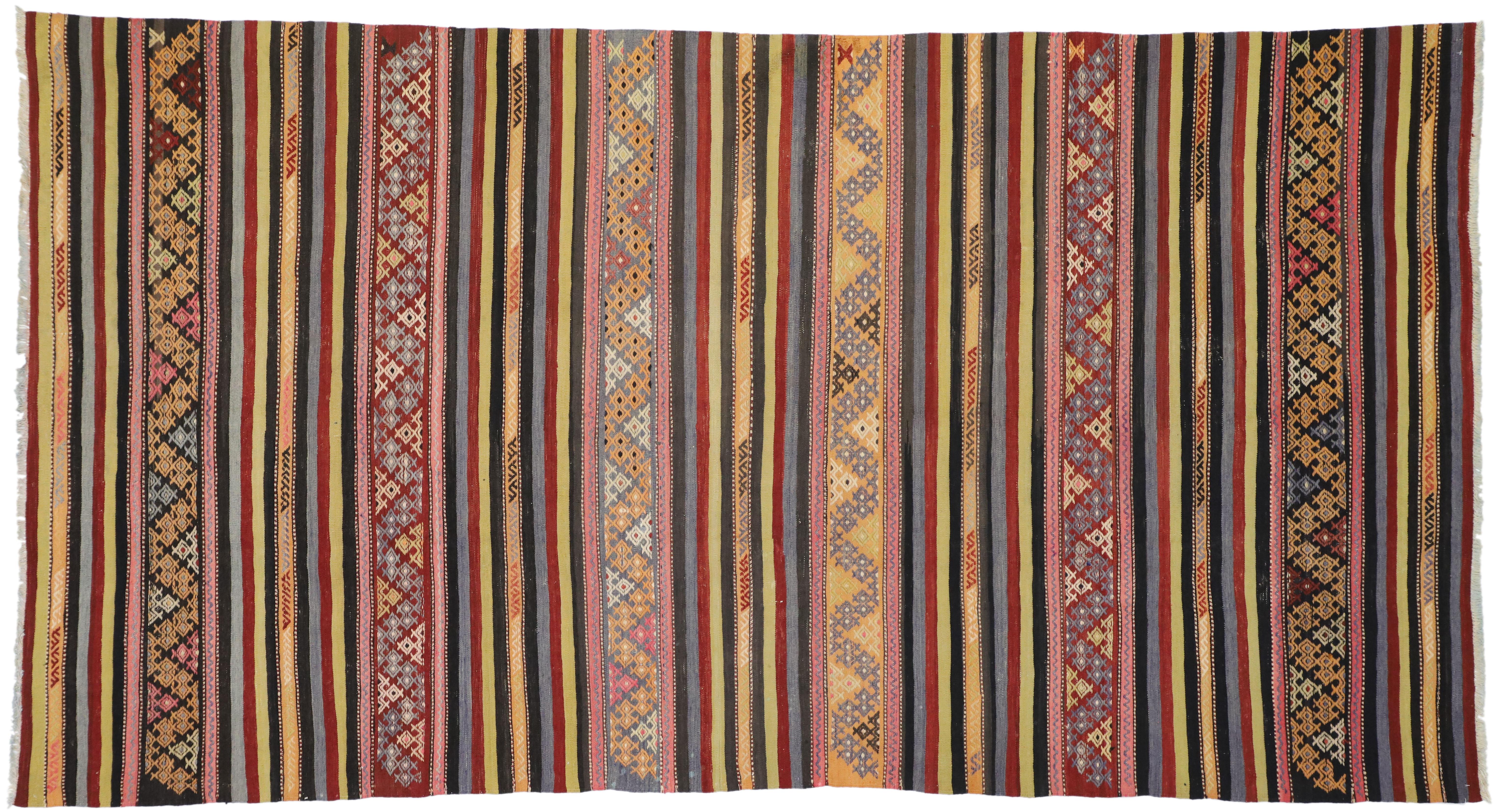 51347, vintage Turkish Striped Kilim rug with Tribal Bohemian style, flat-weave rug. Highlighting the finest trends in design, this handwoven wool vintage Turkish striped Kilim rug features a series of horizontal bands in vibrant colors adorned with
