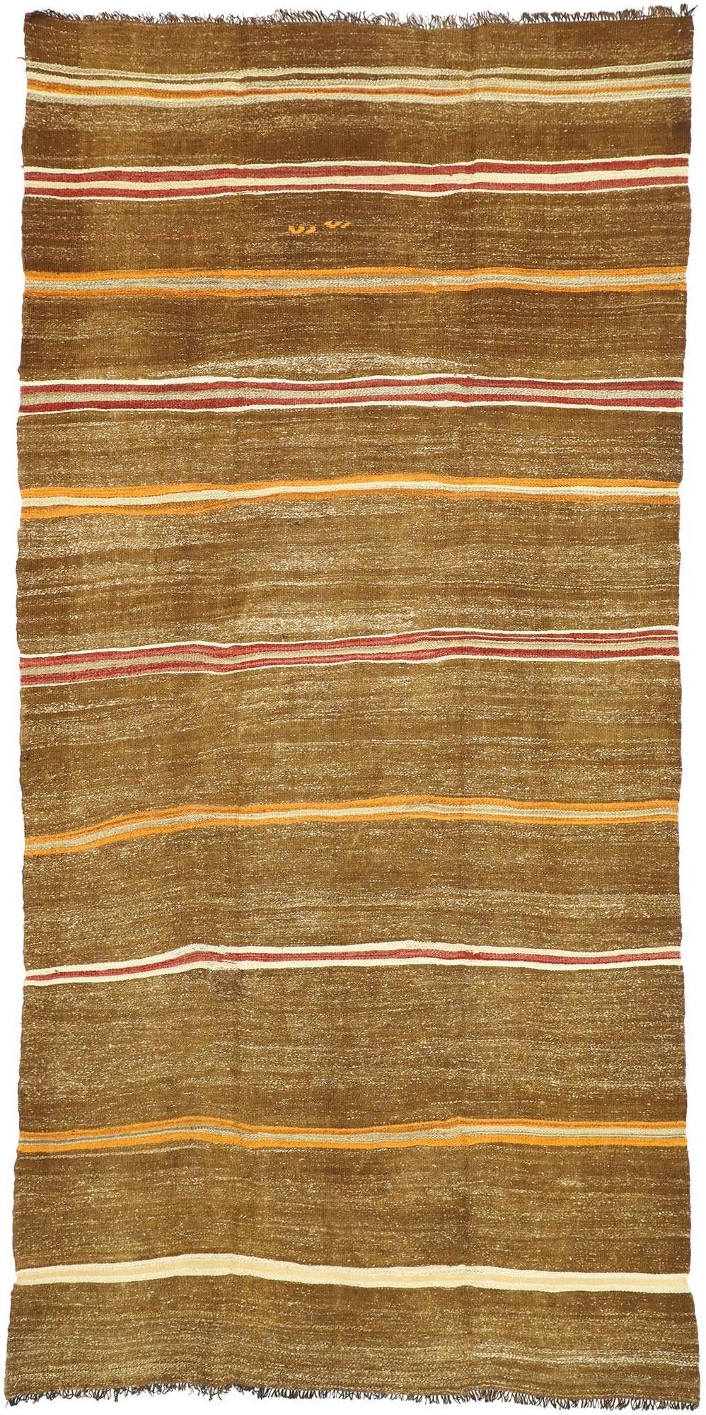51352 vintage Turkish Kilim rug with tribal style, flat-weave rug 06'03 x 12'11. With its warm hues and rugged beauty, this hand-woven wool striped kilim runner manages to meld contemporary, modern, and traditional design elements. The flat-weave