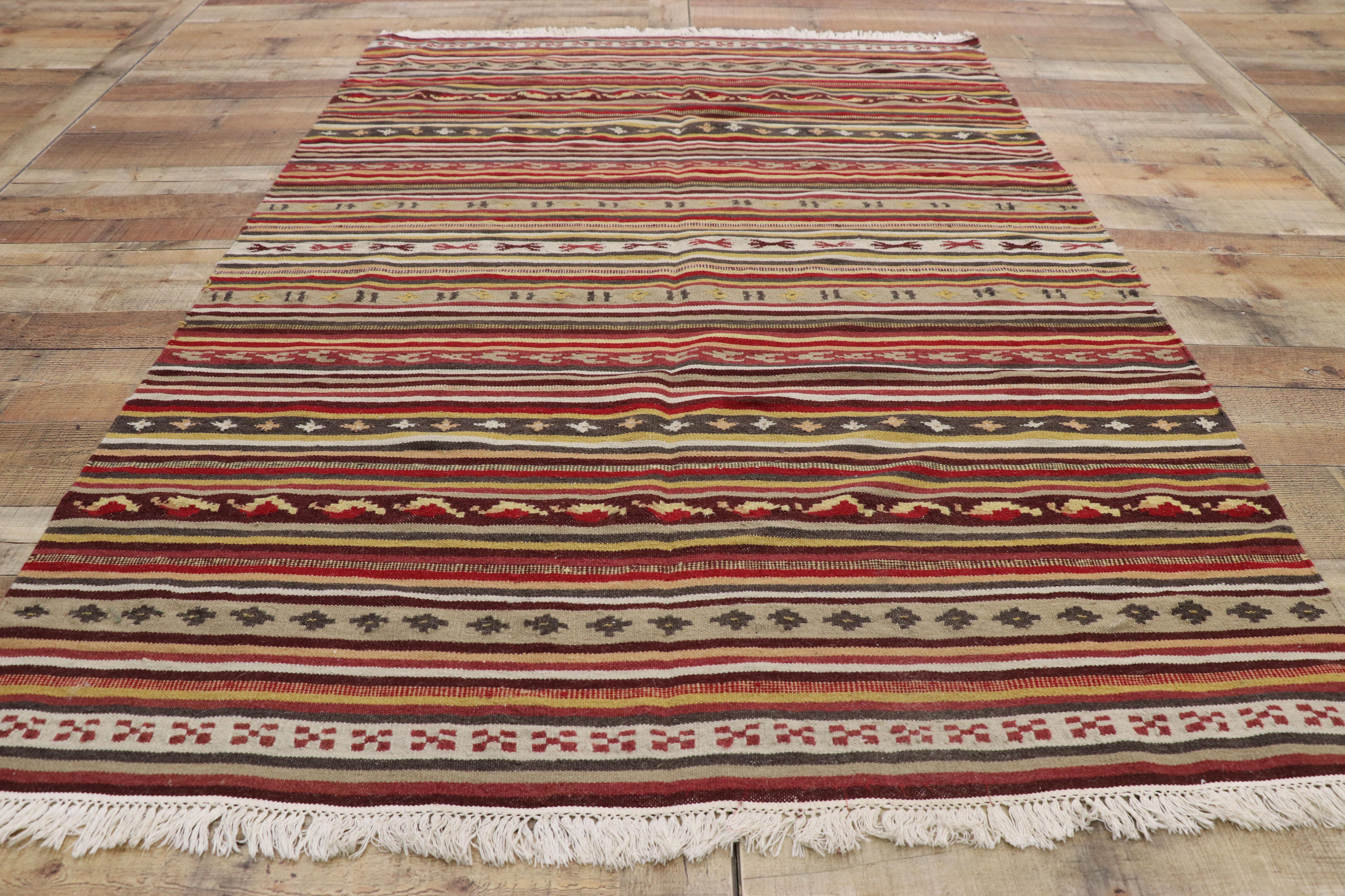 Vintage Turkish Striped Kilim Rug with Tribal Style, Flat-Weave Rug with Stripes For Sale 7