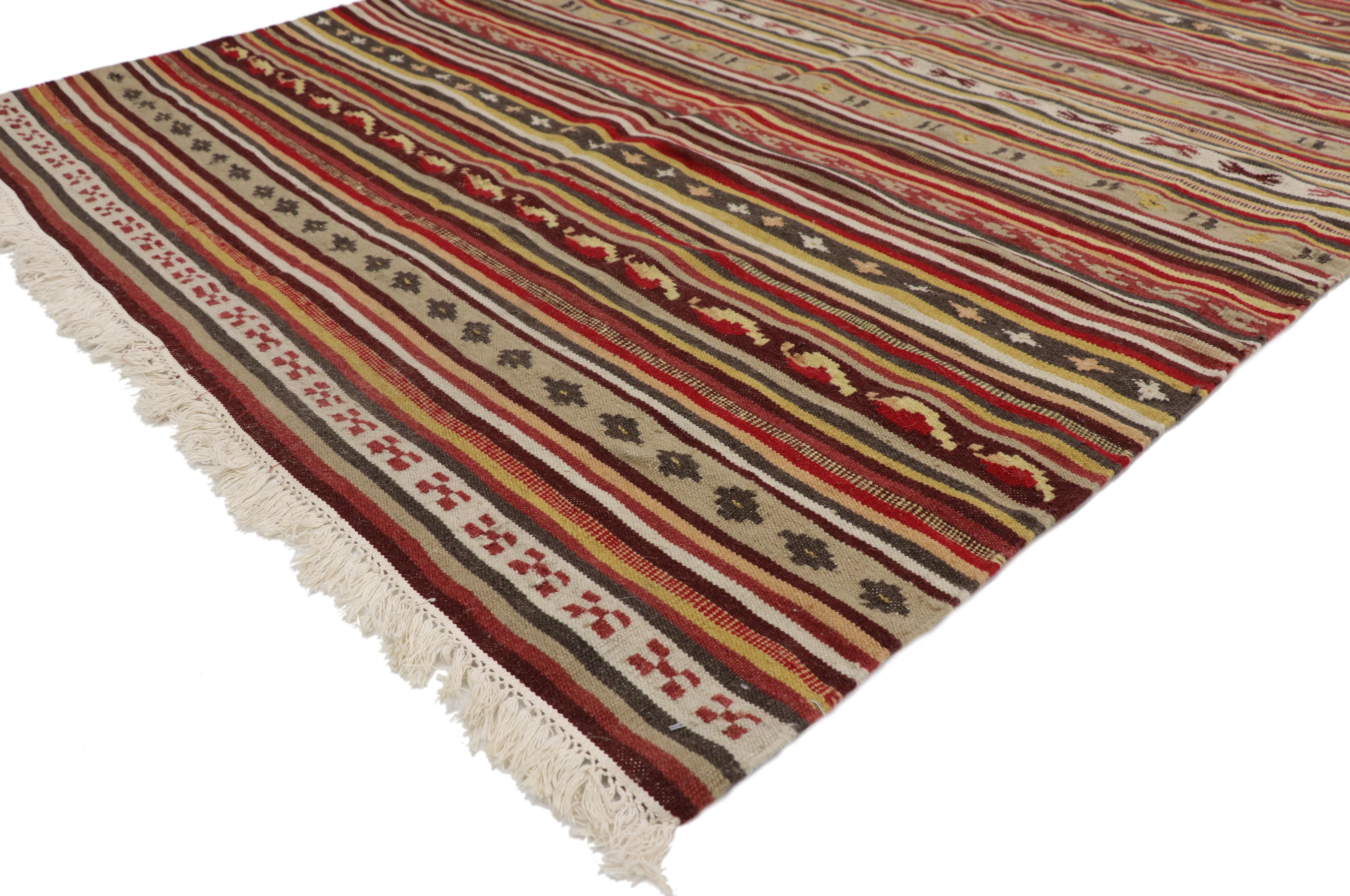 Hand-Woven Vintage Turkish Striped Kilim Rug with Tribal Style, Flat-Weave Rug with Stripes For Sale