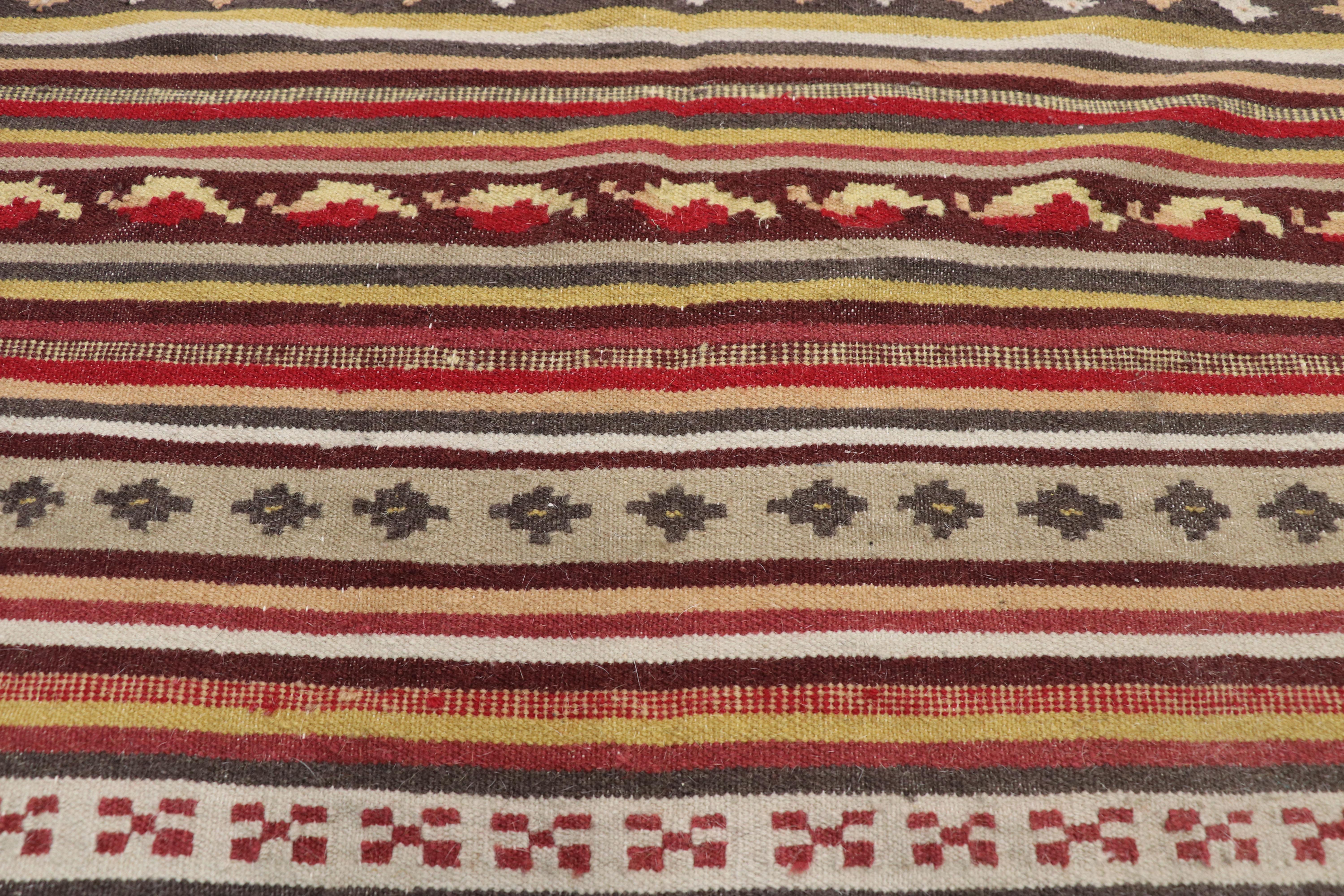 Vintage Turkish Striped Kilim Rug with Tribal Style, Flat-Weave Rug with Stripes For Sale 1