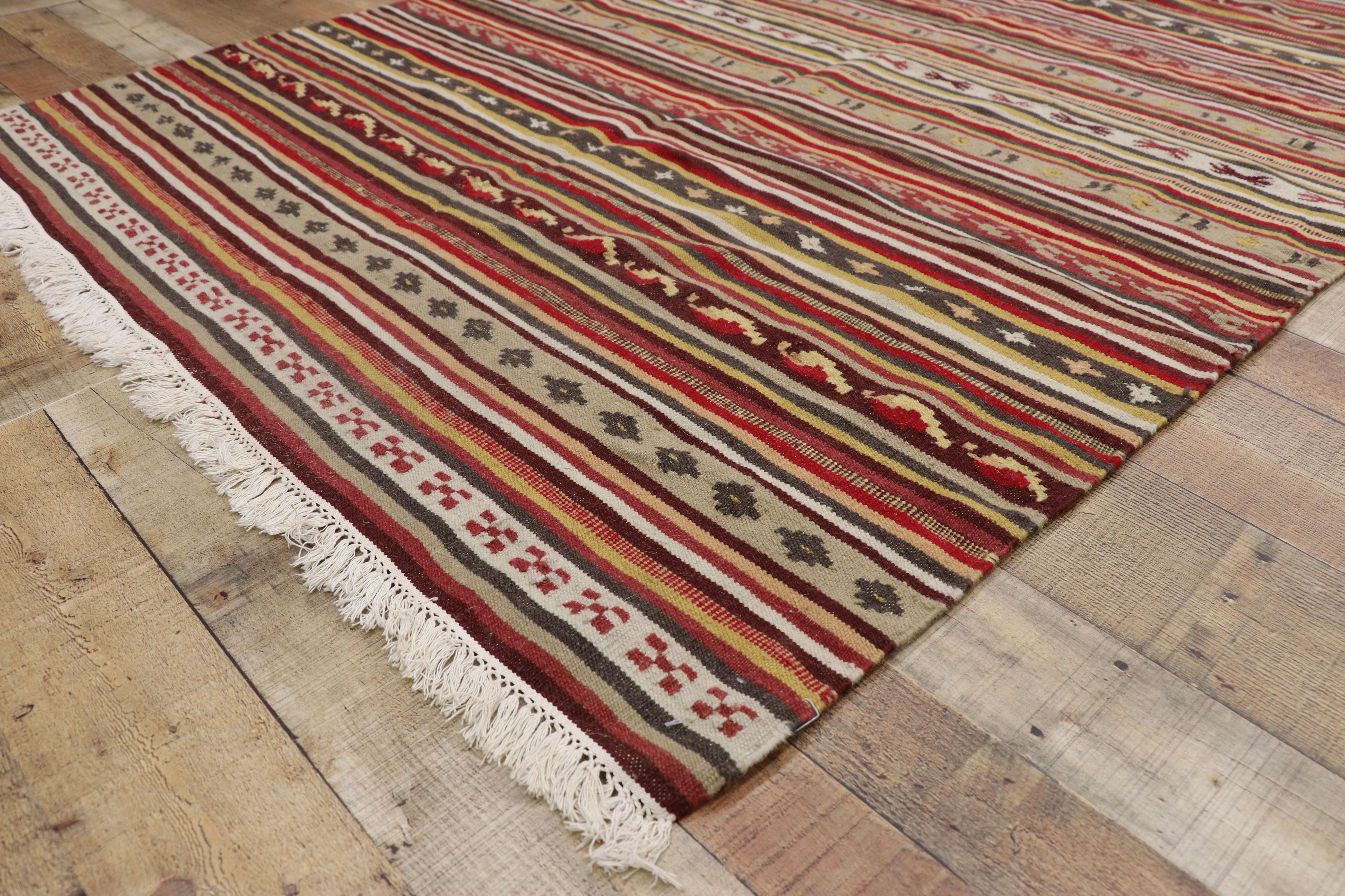 Vintage Turkish Striped Kilim Rug with Tribal Style, Flat-Weave Rug with Stripes For Sale 3