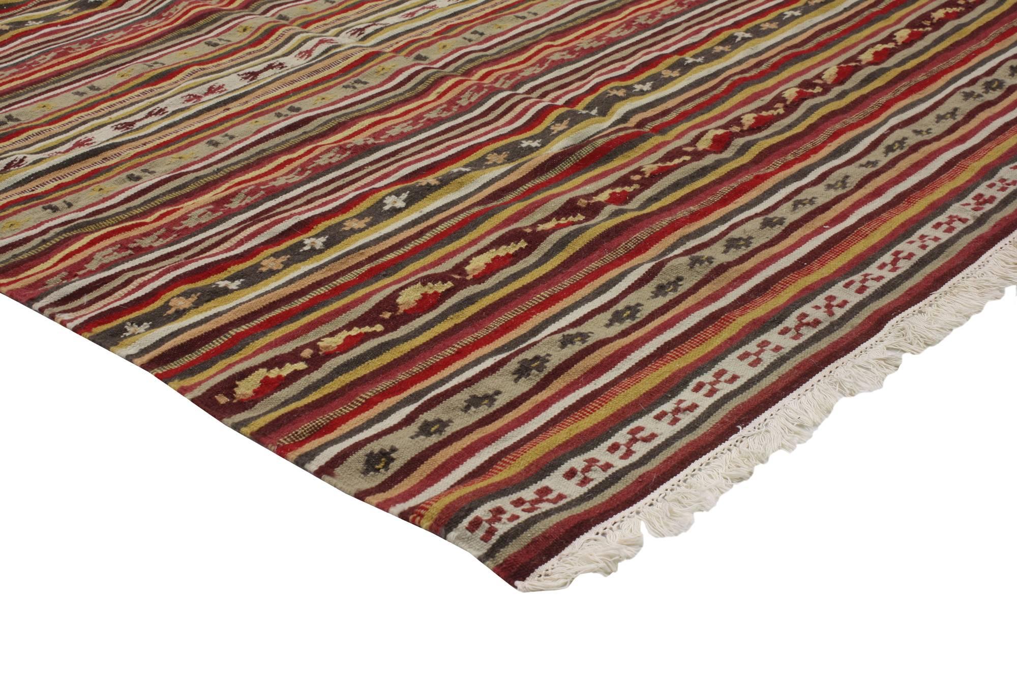 Vintage Turkish Striped Kilim Rug with Tribal Style, Flat-Weave Rug with Stripes For Sale 4