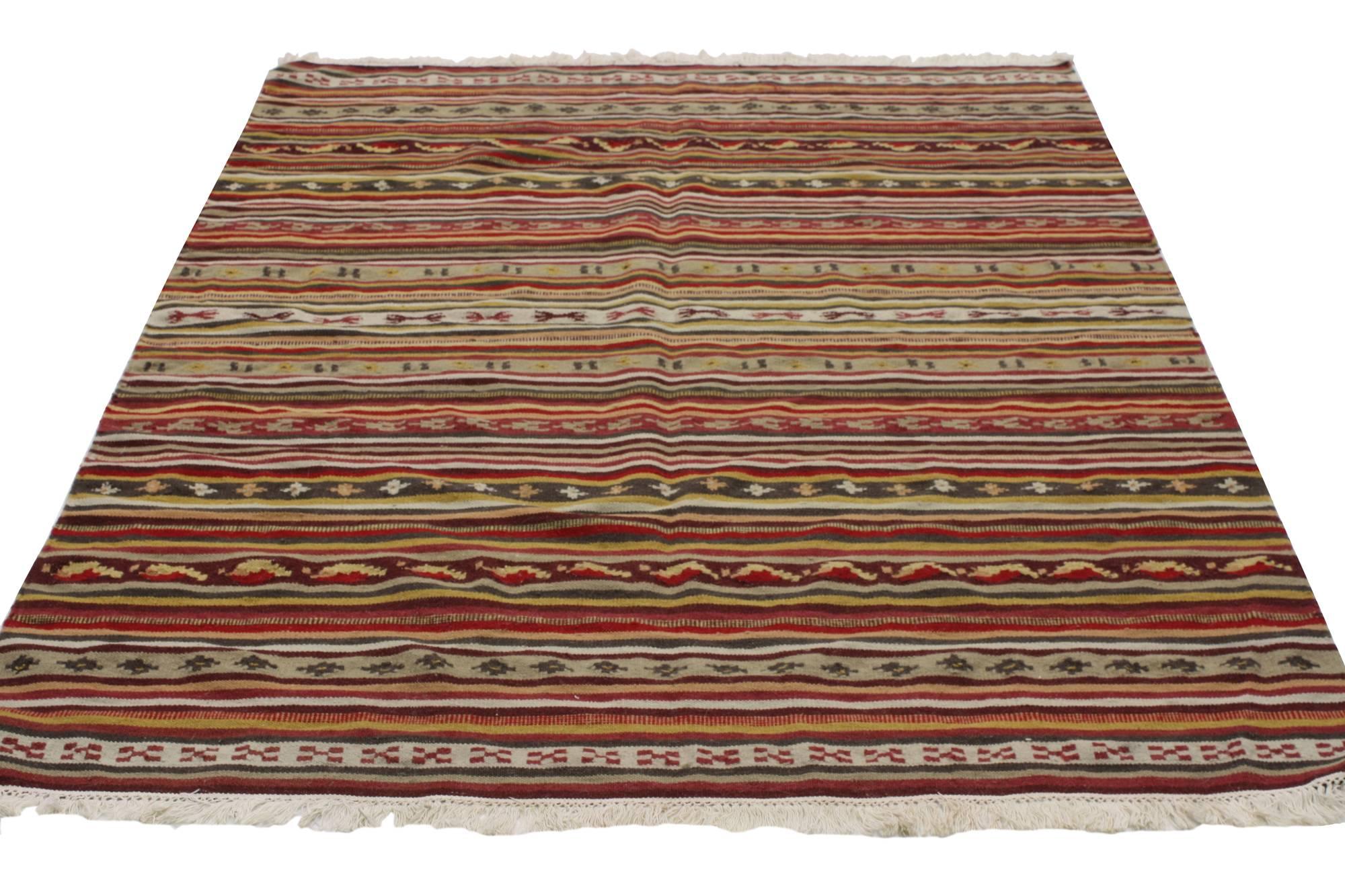 Vintage Turkish Striped Kilim Rug with Tribal Style, Flat-Weave Rug with Stripes For Sale 5
