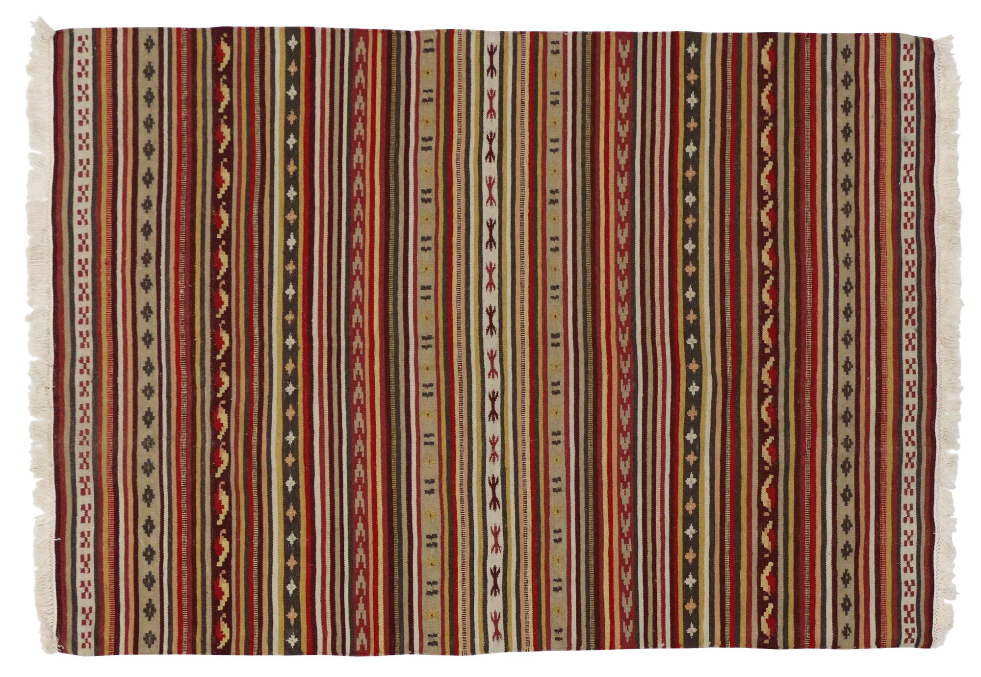Vintage Turkish Striped Kilim Rug with Tribal Style, Flat-Weave Rug with Stripes For Sale 6