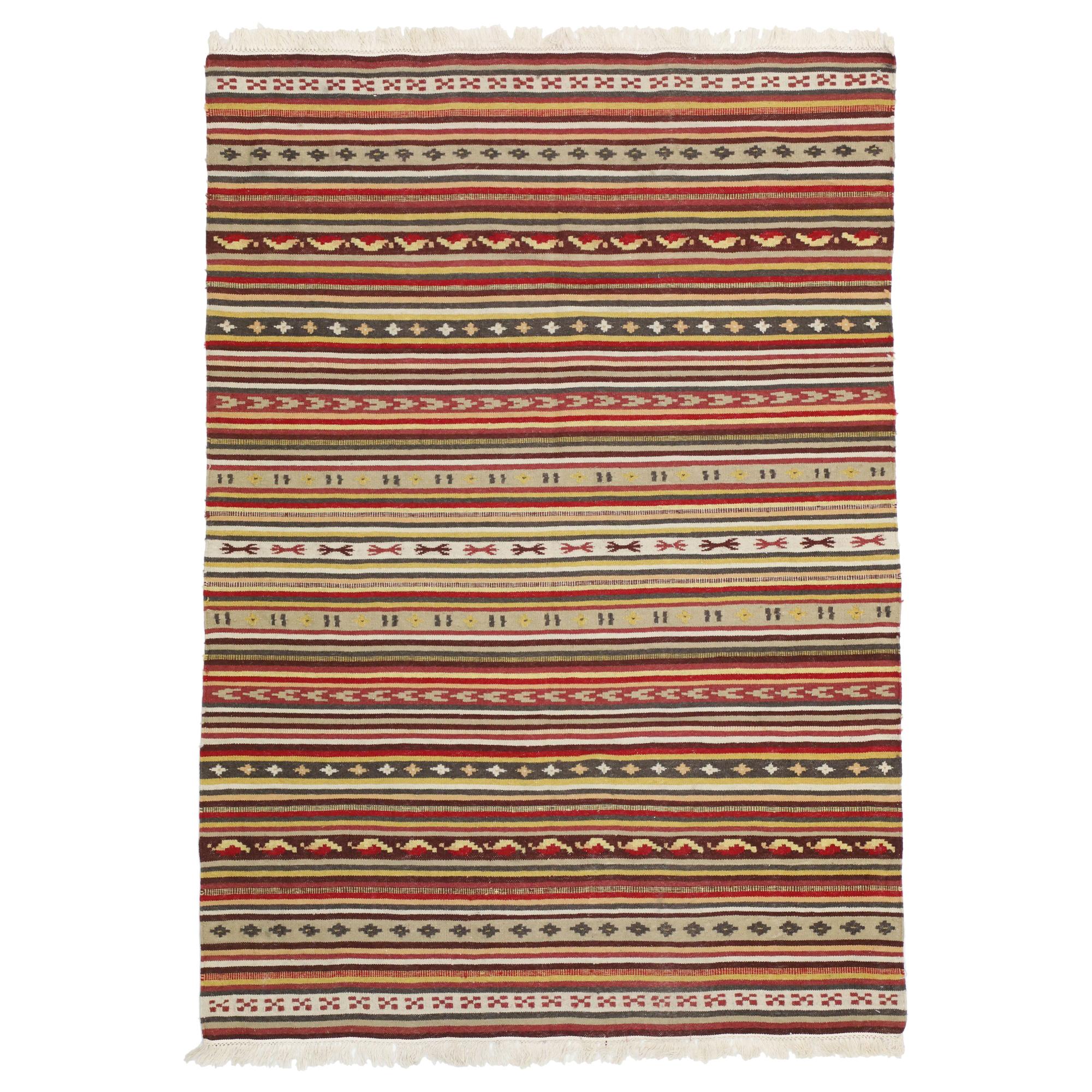 Vintage Turkish Striped Kilim Rug with Tribal Style, Flat-Weave Rug with Stripes