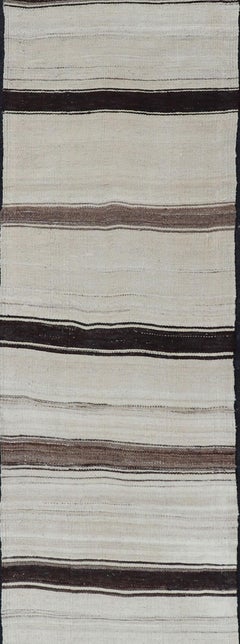 Vintage Turkish Striped Kilim Runner in White, Black, Brown and Tan