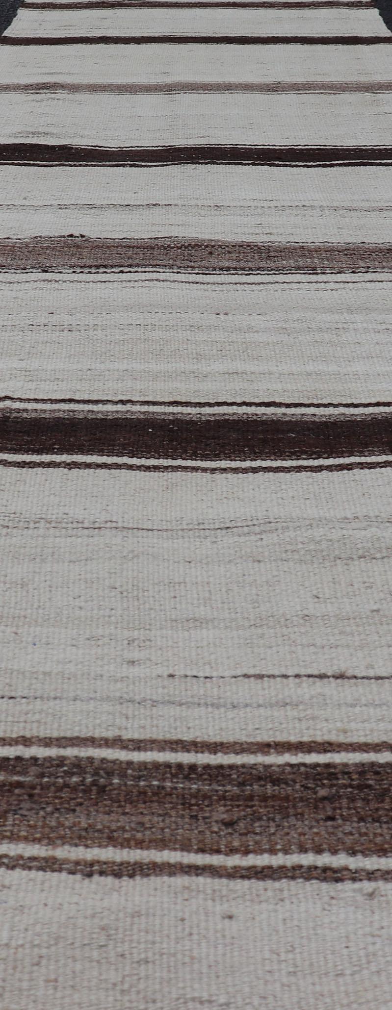 Wool Vintage Turkish Striped Kilim Runner in White, Black, Brown and Tan For Sale