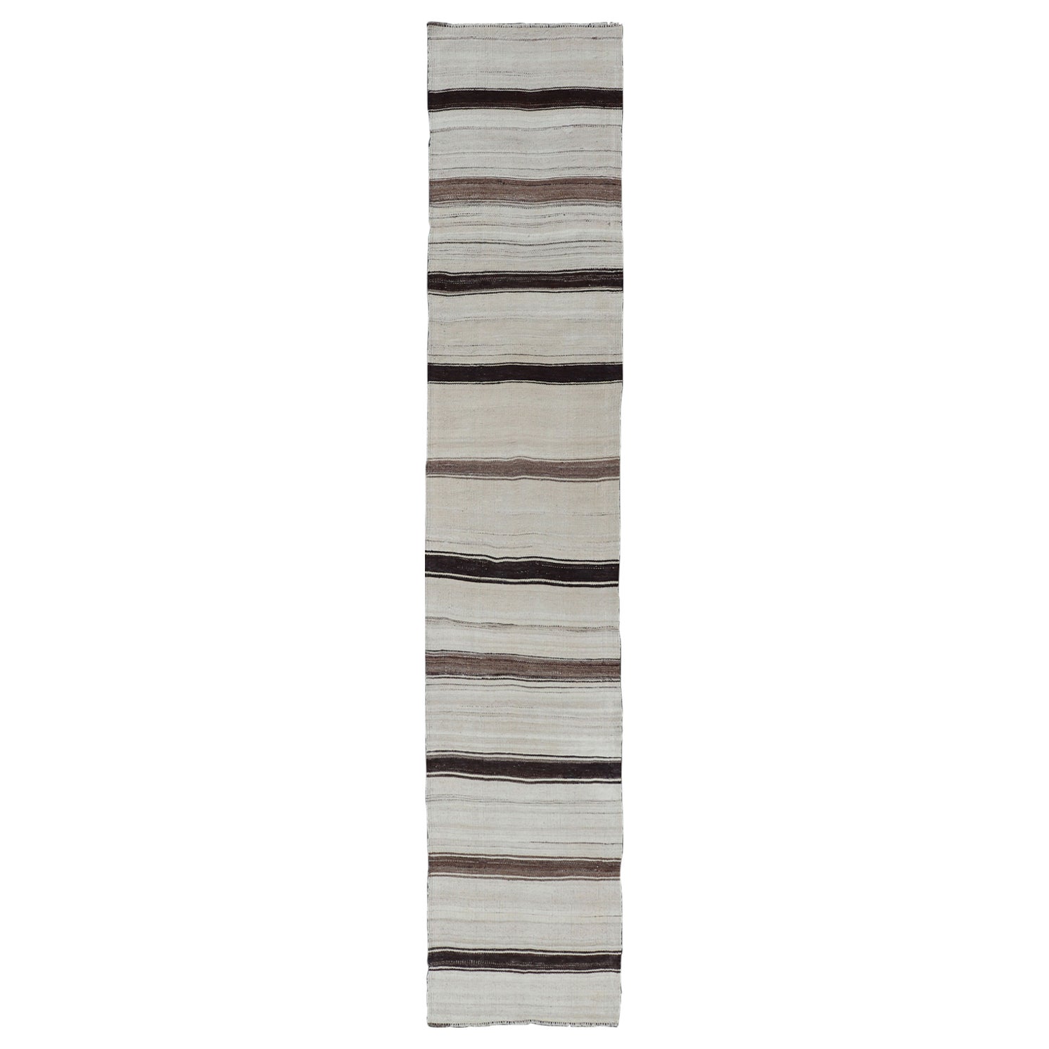 Vintage Turkish Striped Kilim Runner in White, Black, Brown and Tan