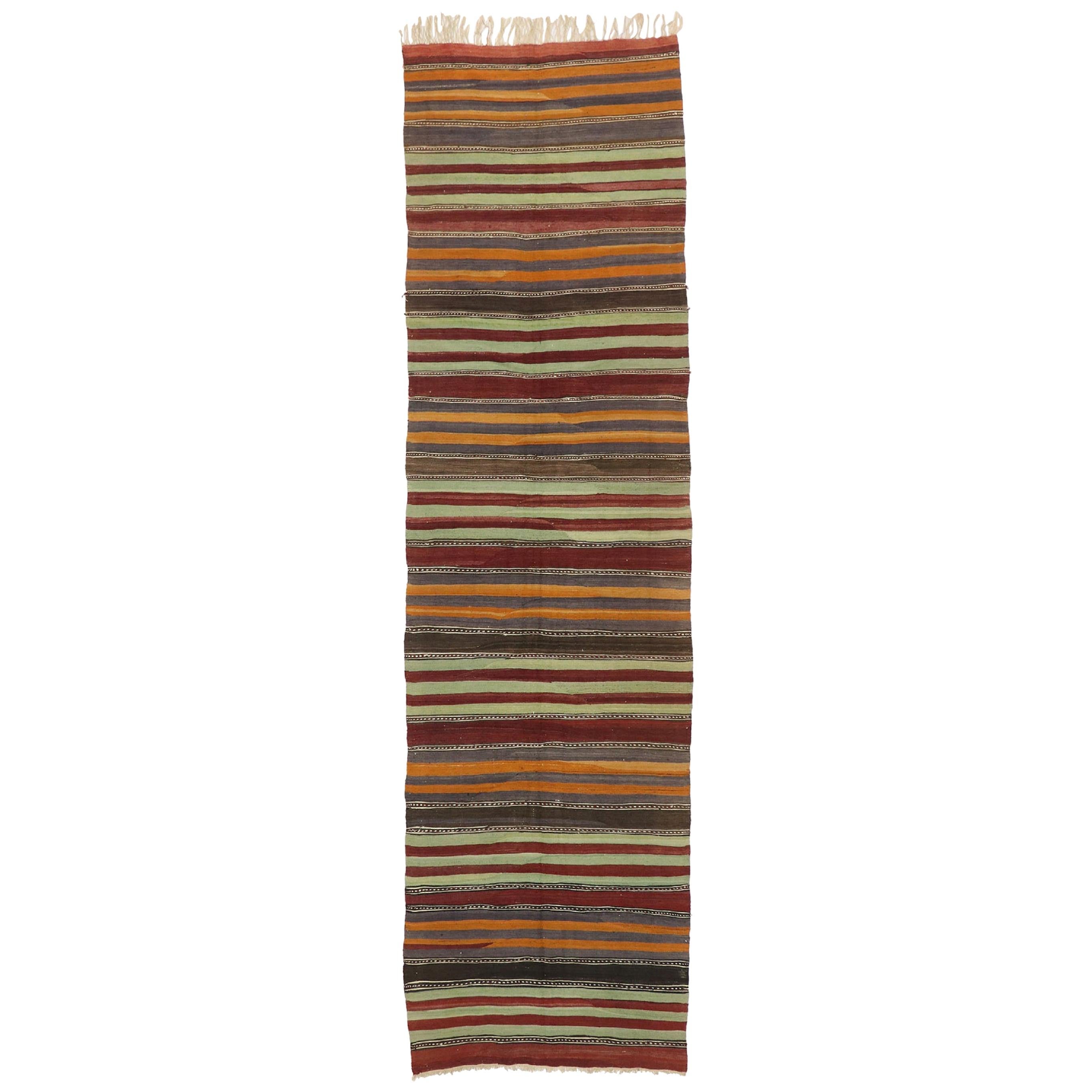 Vintage Turkish Striped Kilim Runner with Modern Cabin Style For Sale