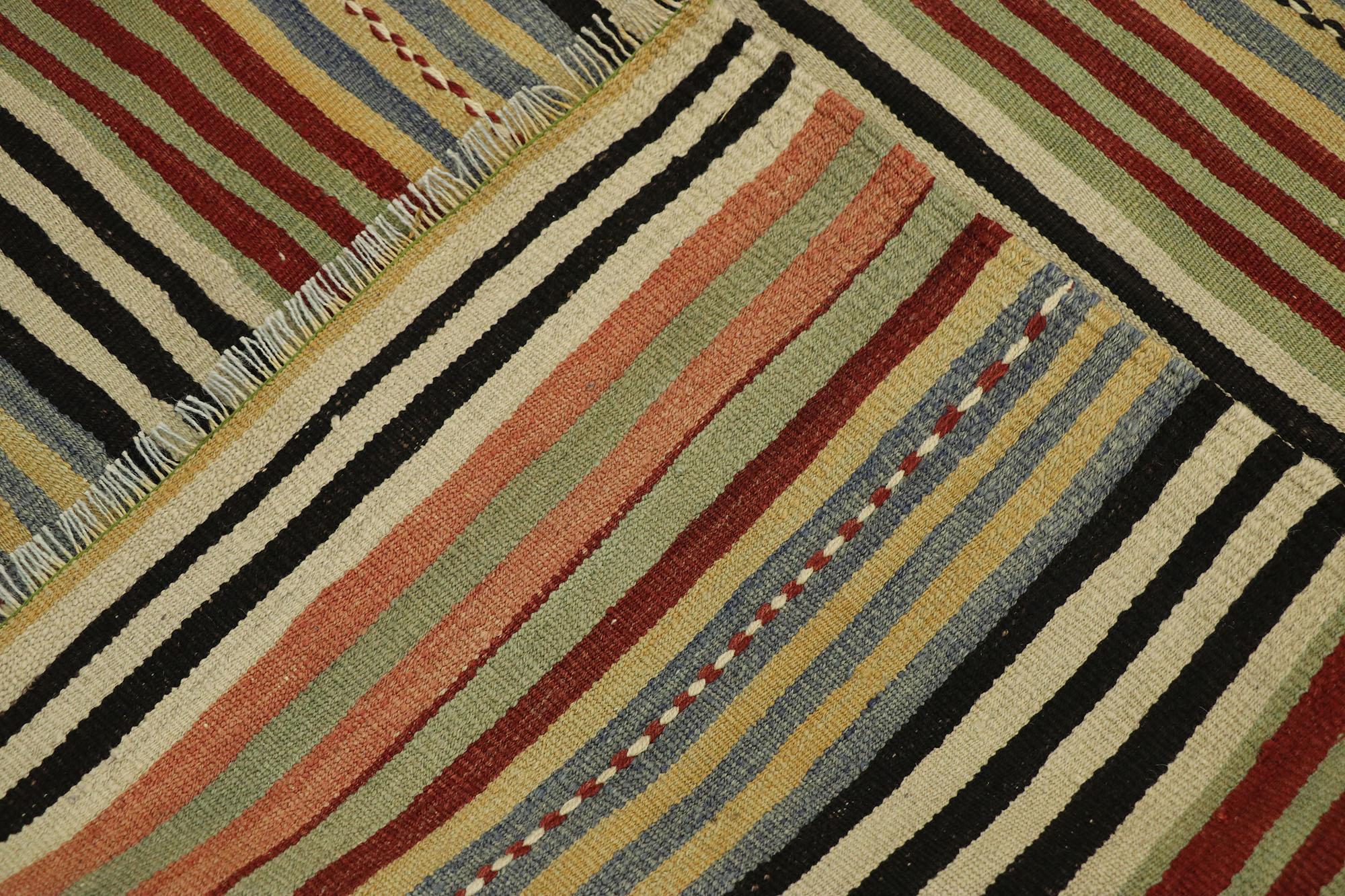 Wool Vintage Turkish Striped Kilim Runner with Rustic Modern Style For Sale