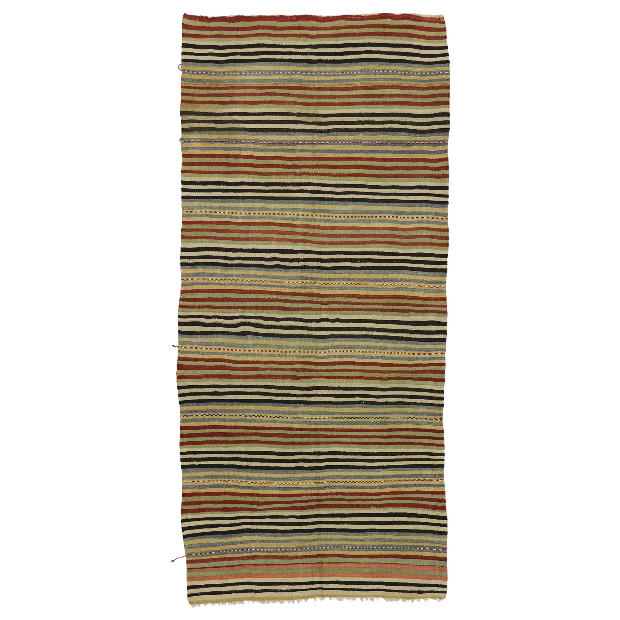 Tapis de couloir Kilim turc vintage à rayures avec style moderne rustique