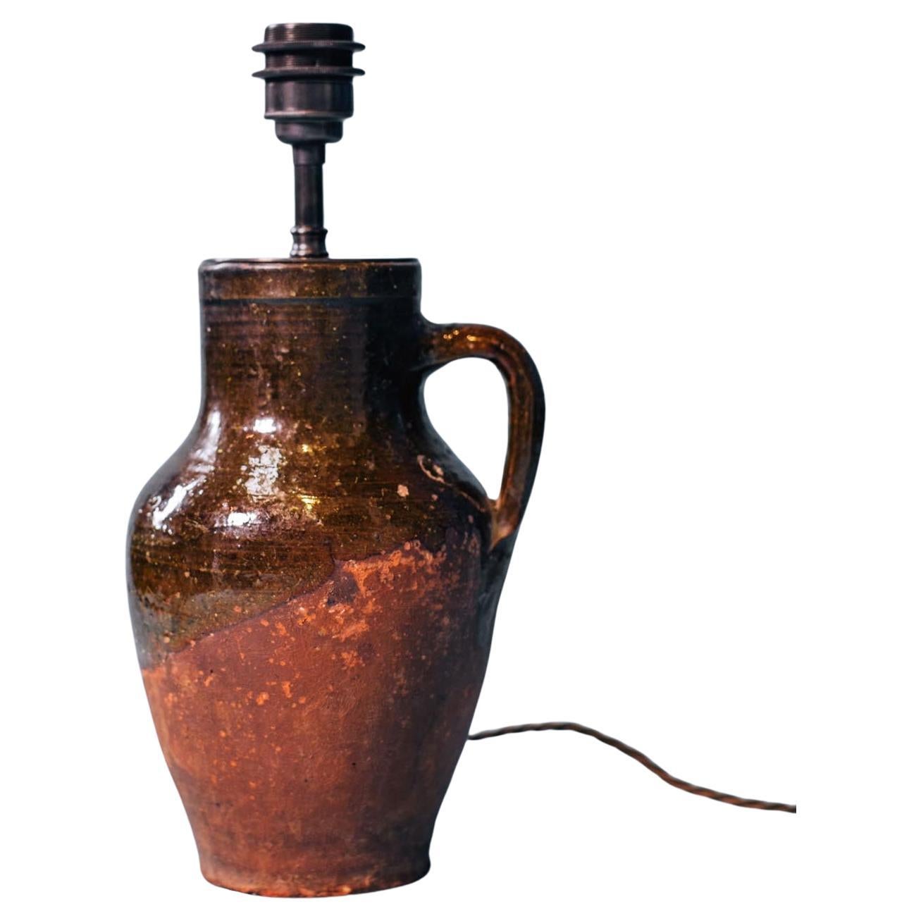 Lámpara de sobremesa vintage turca de terracota con esmalte de cobre, Siglo XX en venta