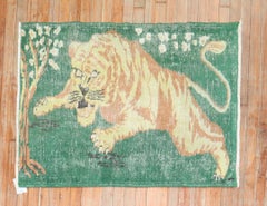 Zabihi Collection Green Vintage Turkish Tiger Pictorial Rug