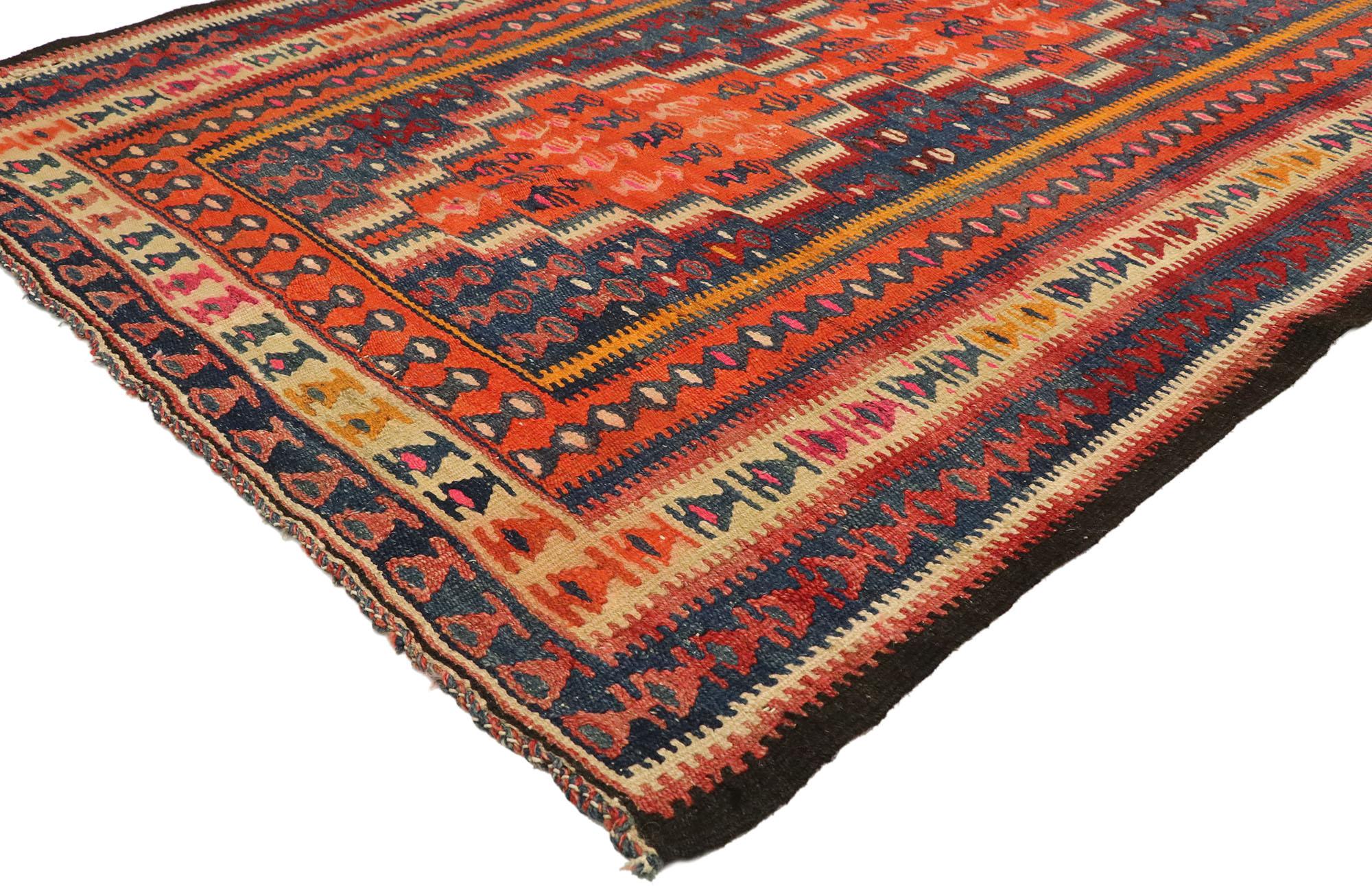 70468 Vintage Turkish Kilim Rug, 04'02 x 10'05. Turkish tribal kilim rugs are traditional, flat-woven textiles made by nomadic and semi-nomadic tribes in Turkey, characterized by their geometric patterns, bold colors, and symbolic motifs. Made