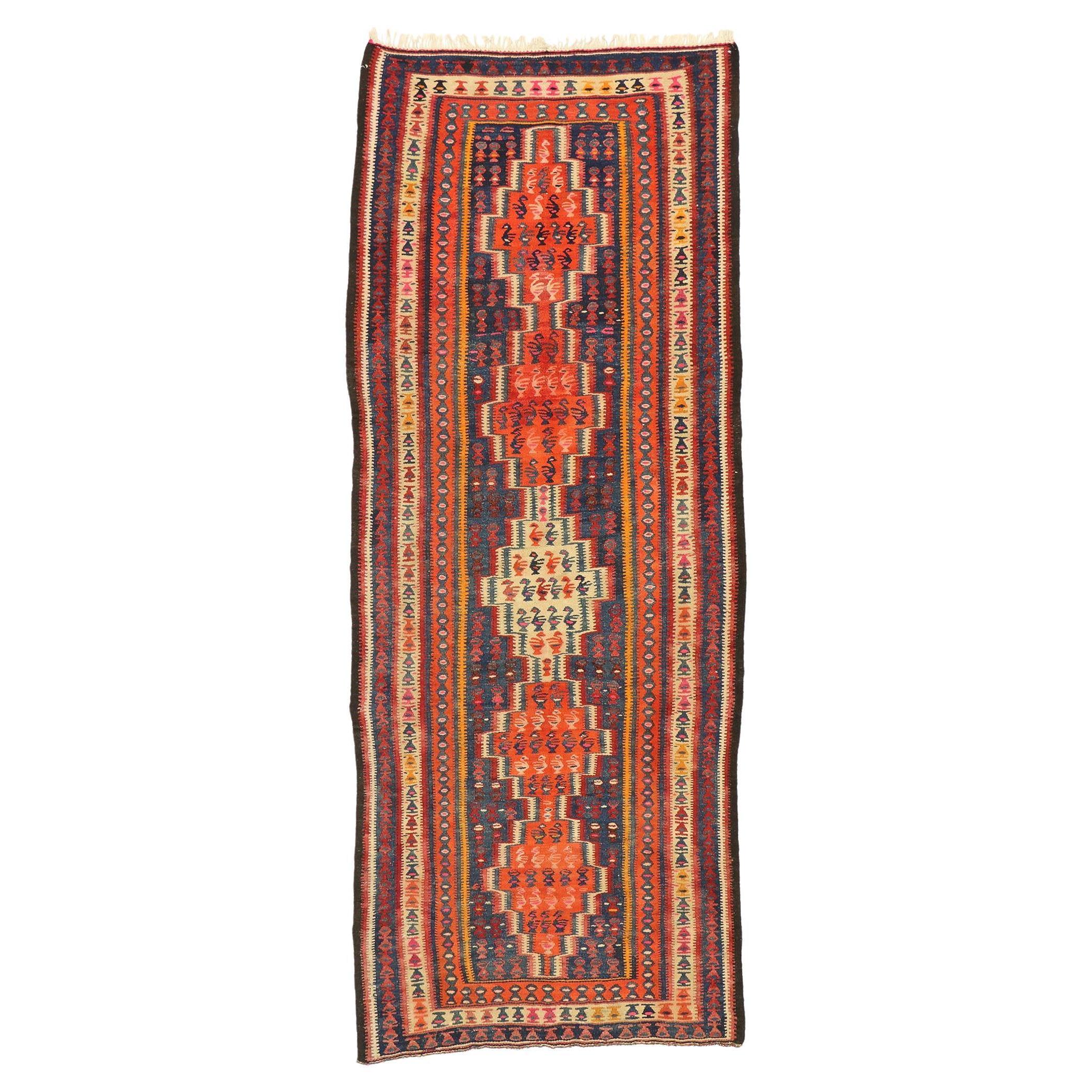  Vintage Turkish Tribal Flatweave Carpet For Sale