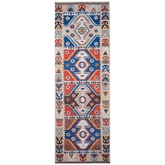 Tappeto da corridoio Kilim tribale turco d'epoca, in lana tessuta a mano, motivo caucasico, 3' x 8'