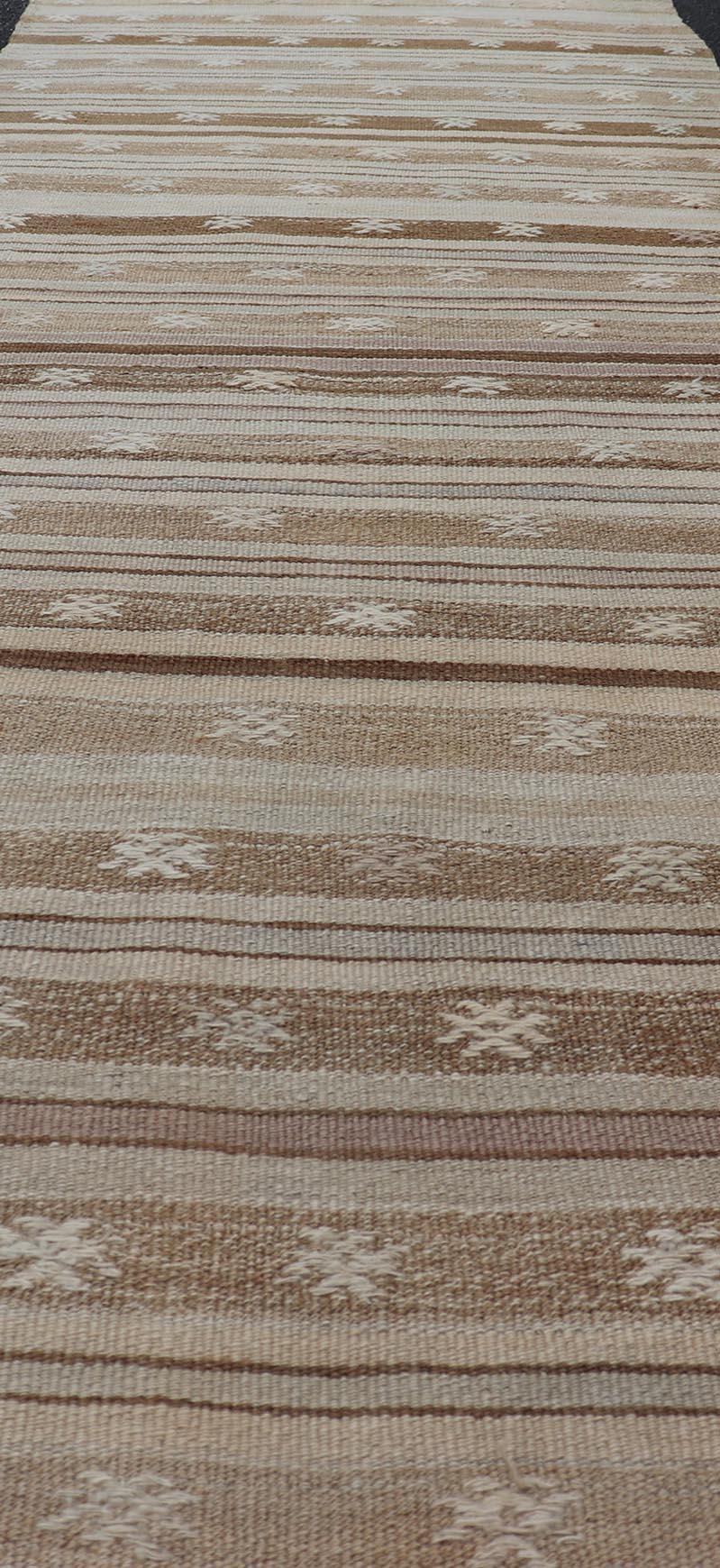 Hand-Woven Vintage Turkish Tribal Kilim Runner with Warm Neutrals and Intricate Geometric P For Sale