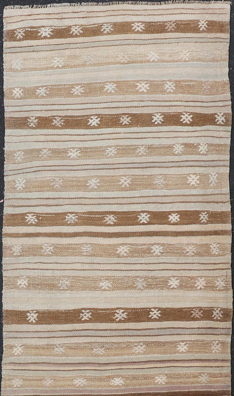Vintage Turkish Tribal Kilim Runner with Warm Neutrals and Intricate Geometric P For Sale 1