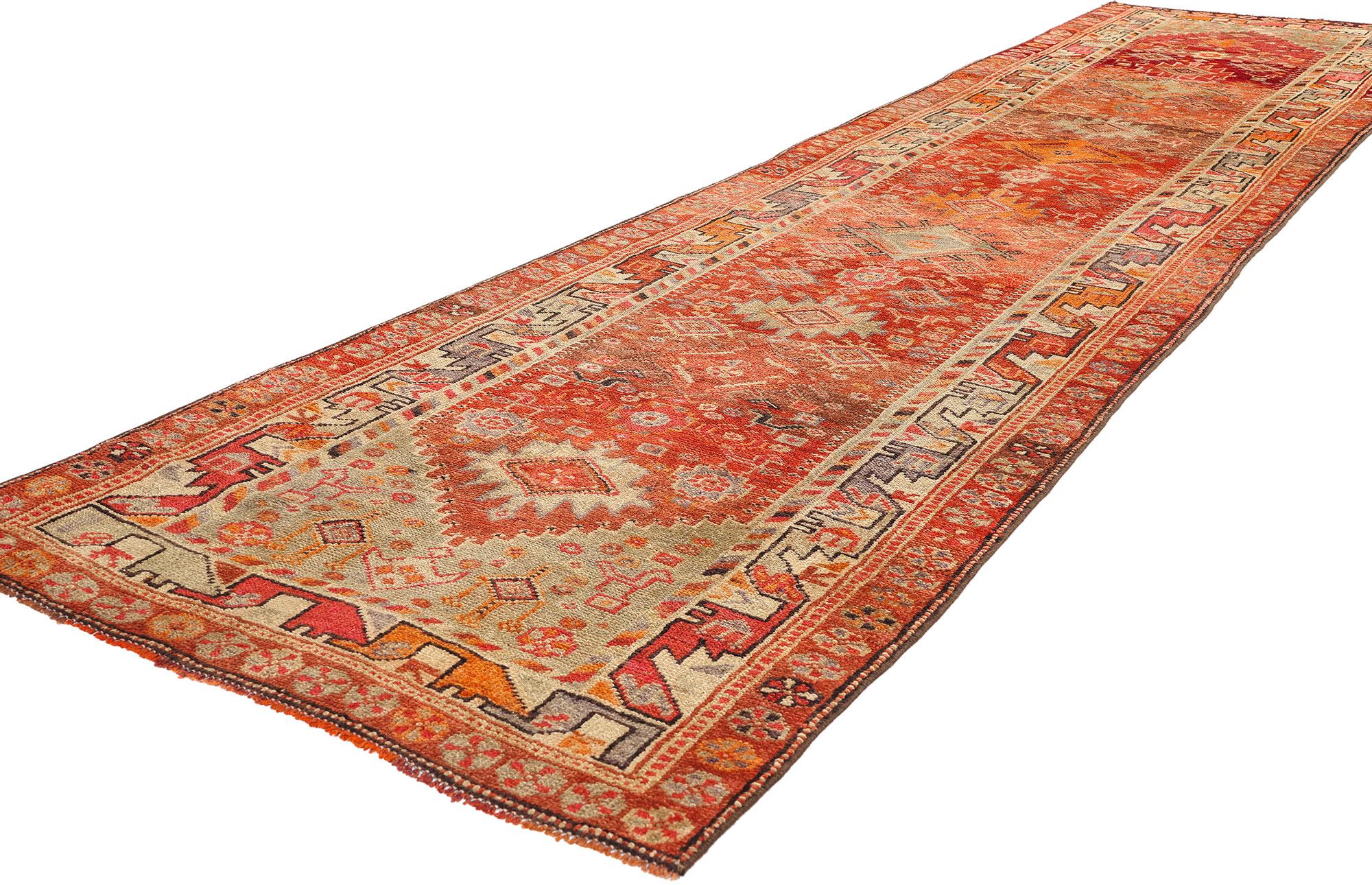 78771 Vintage Kurdish Tribal Rug Runner, 03'02 x 13'09. 
Artisanally crafted by Kurdish Herki tribes in eastern Turkey, particularly in the Hakkari province, Kurdish rugs are celebrated for their striking geometric patterns and vibrant color