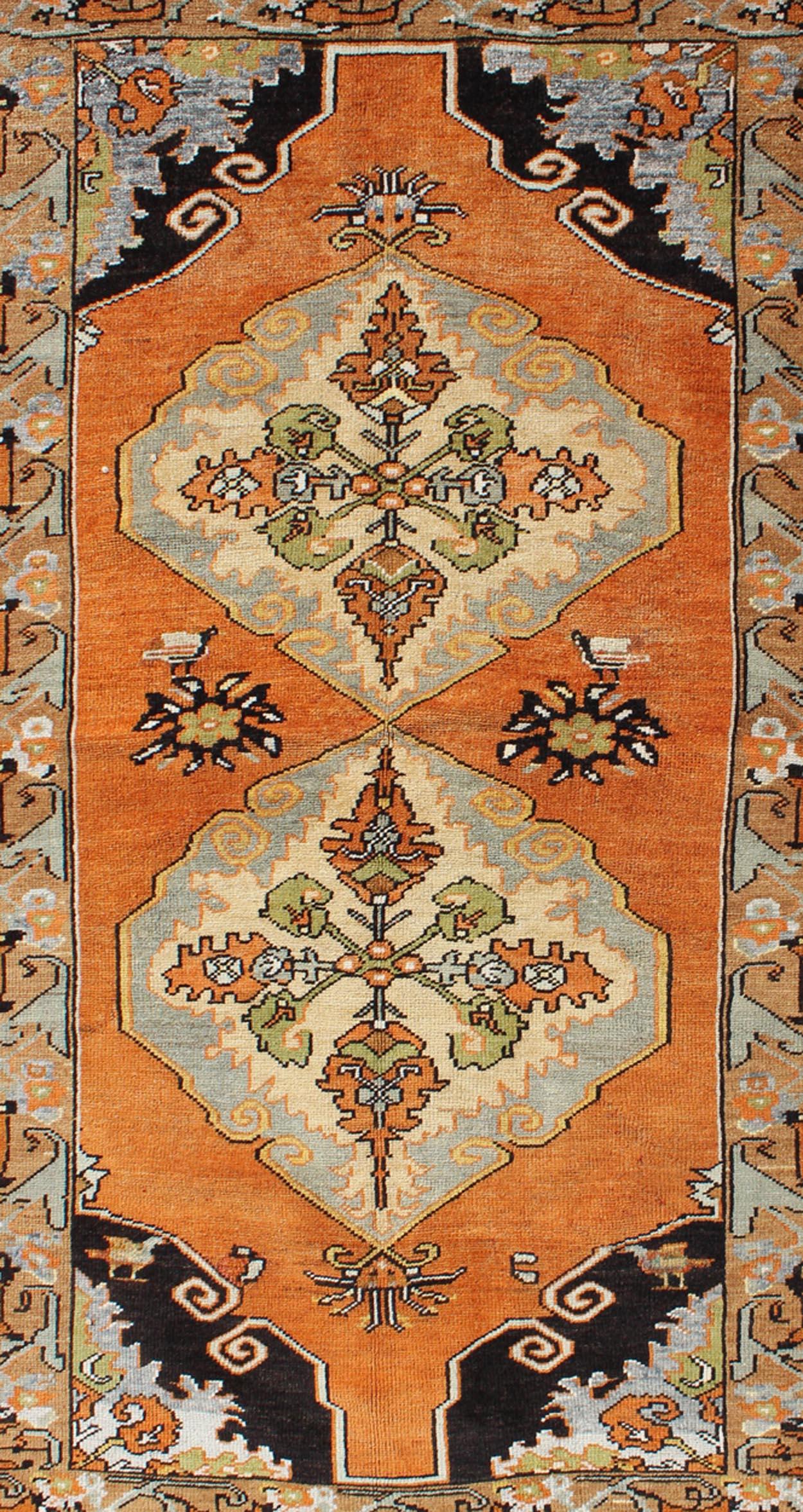 Oushak Vintage Turkish Tribal Medallion Area Rug in Orange, Green, Brown, and Blue For Sale