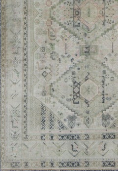 Vintage Turkish Tribal Medallion Oushak in Muted Green, Pink, and off White