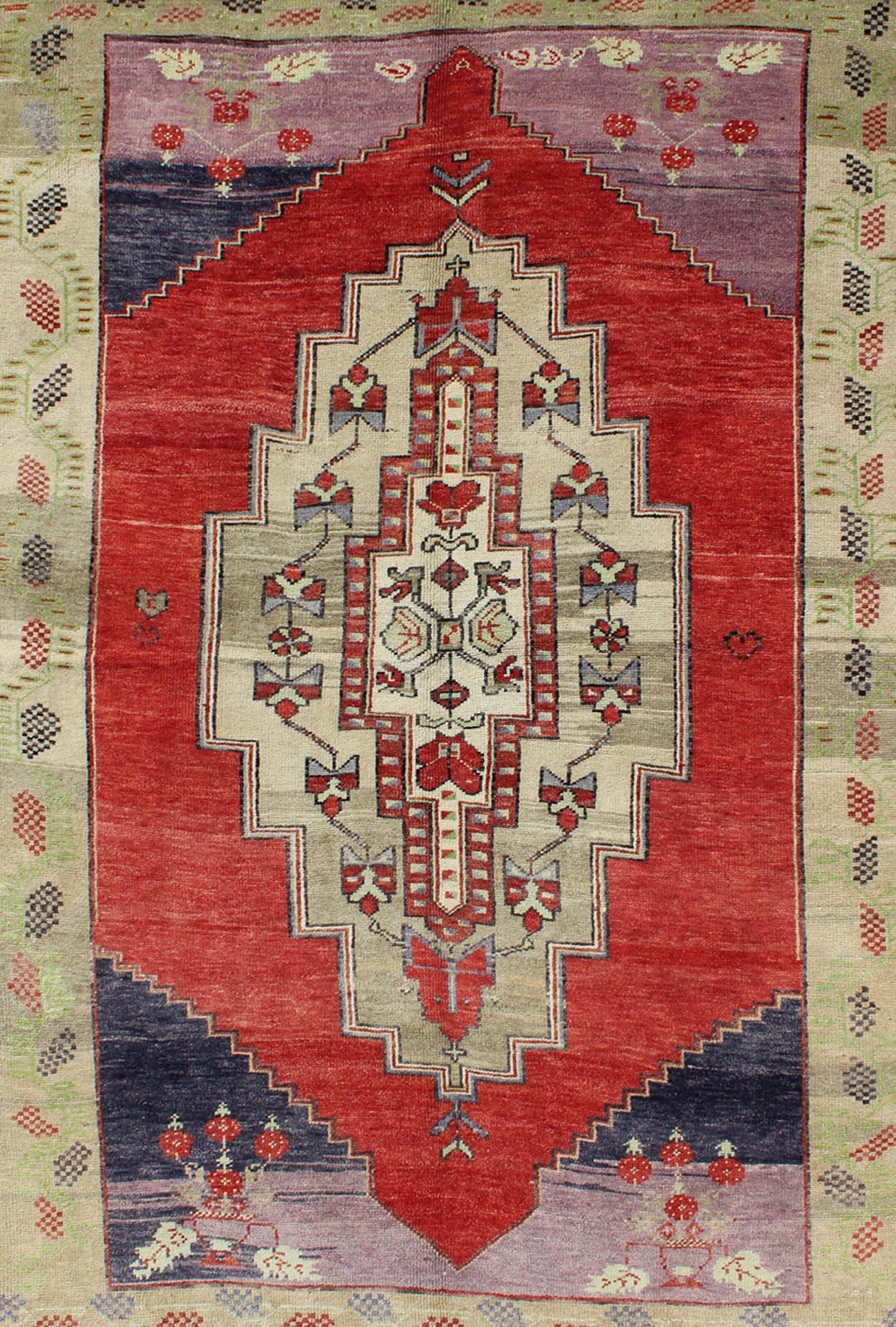  Vintage Turkish Tribal Medallion Oushak in Red, Champagne, Lilac and Navy Blue In Good Condition For Sale In Atlanta, GA