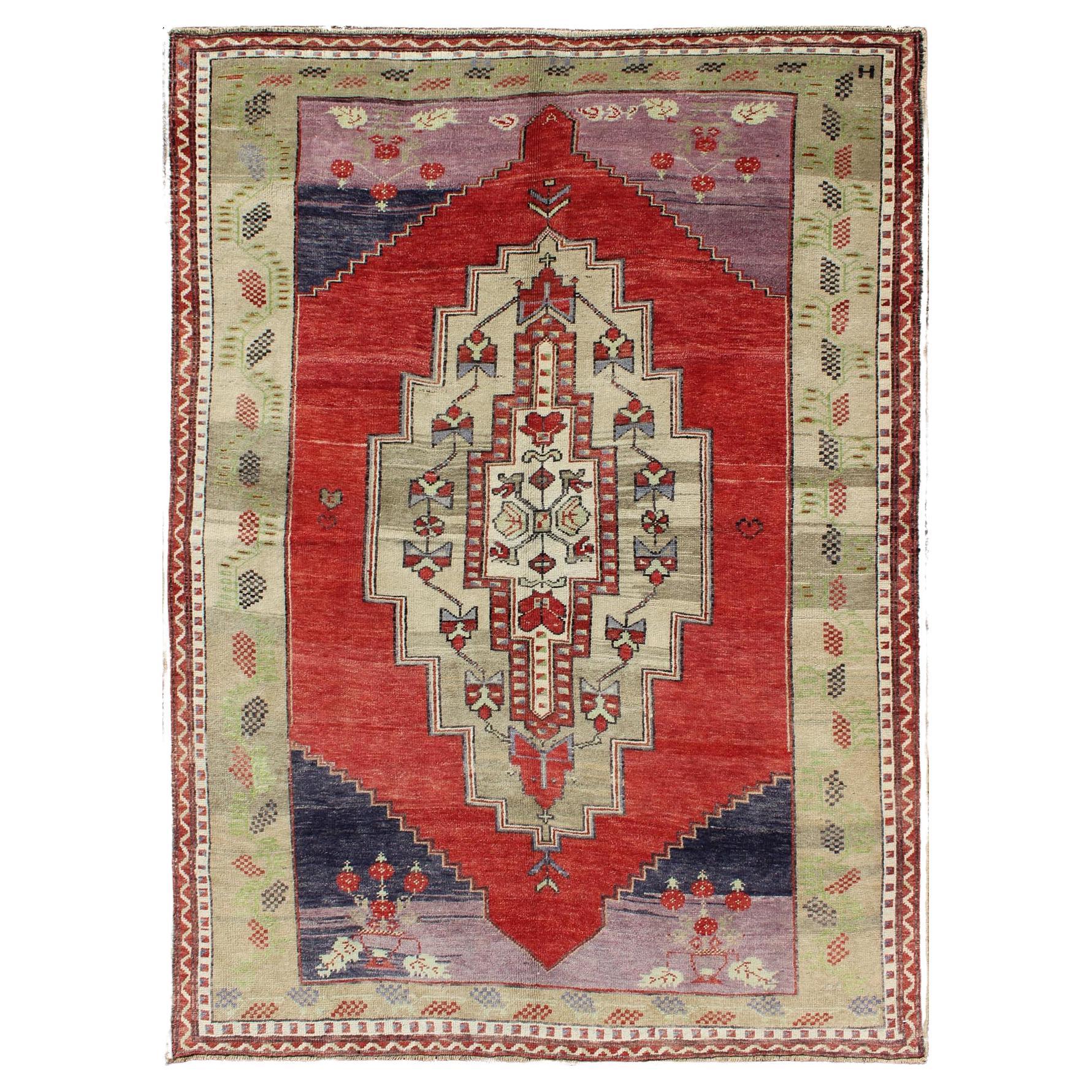  Vintage Turkish Tribal Medallion Oushak in Red, Champagne, Lilac and Navy Blue