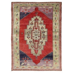  Vintage Turkish Tribal Medallion Oushak in Red, Champagne, Lilac and Navy Blue