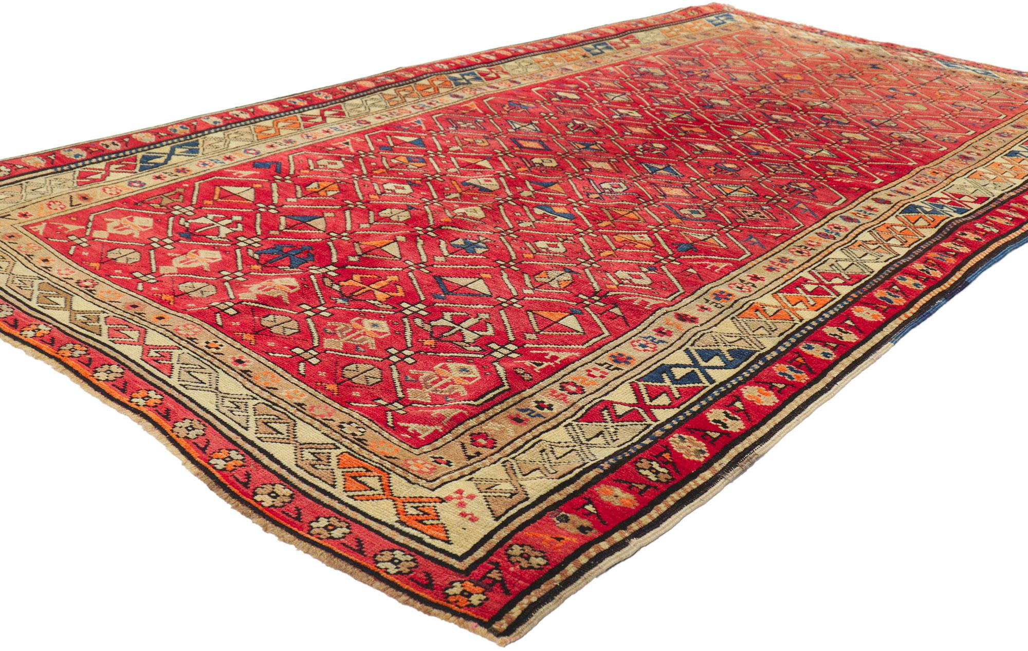 51554 Vintage Turkish Oushak Rug, 03'11 X 06'11. 
Emanating nomadic charm with incredible detail and texture, this hand knotted wool vintage Turkish Oushak rug is a captivating vision of woven beauty. The intricate honeycomb lattice design and