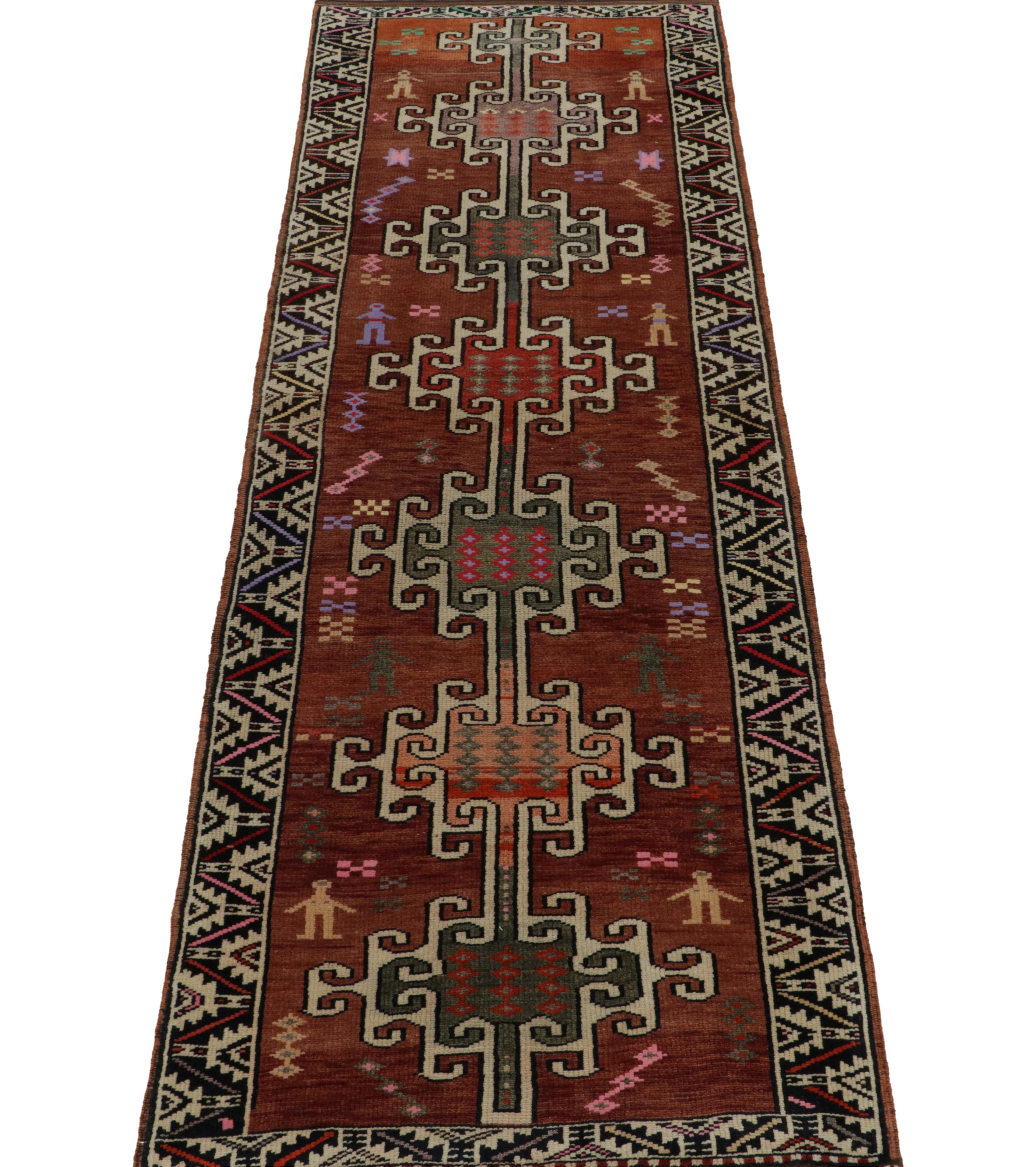 Hand-Knotted Vintage Turkish Tribal Runner in Brown and White & Multicolor by Rug & Kilim For Sale
