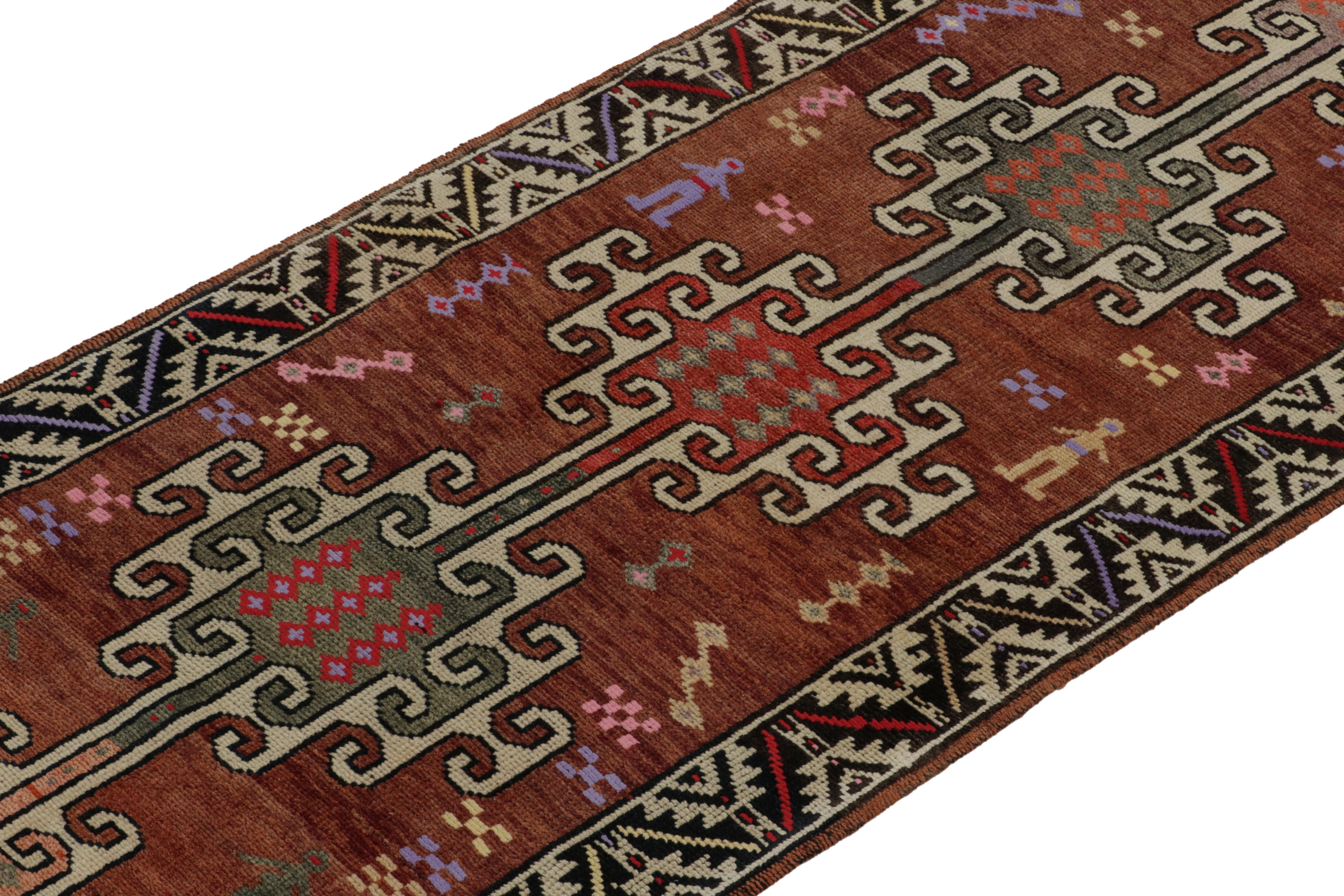 Vintage Turkish Tribal Runner in Brown and White & Multicolor by Rug & Kilim In Good Condition For Sale In Long Island City, NY