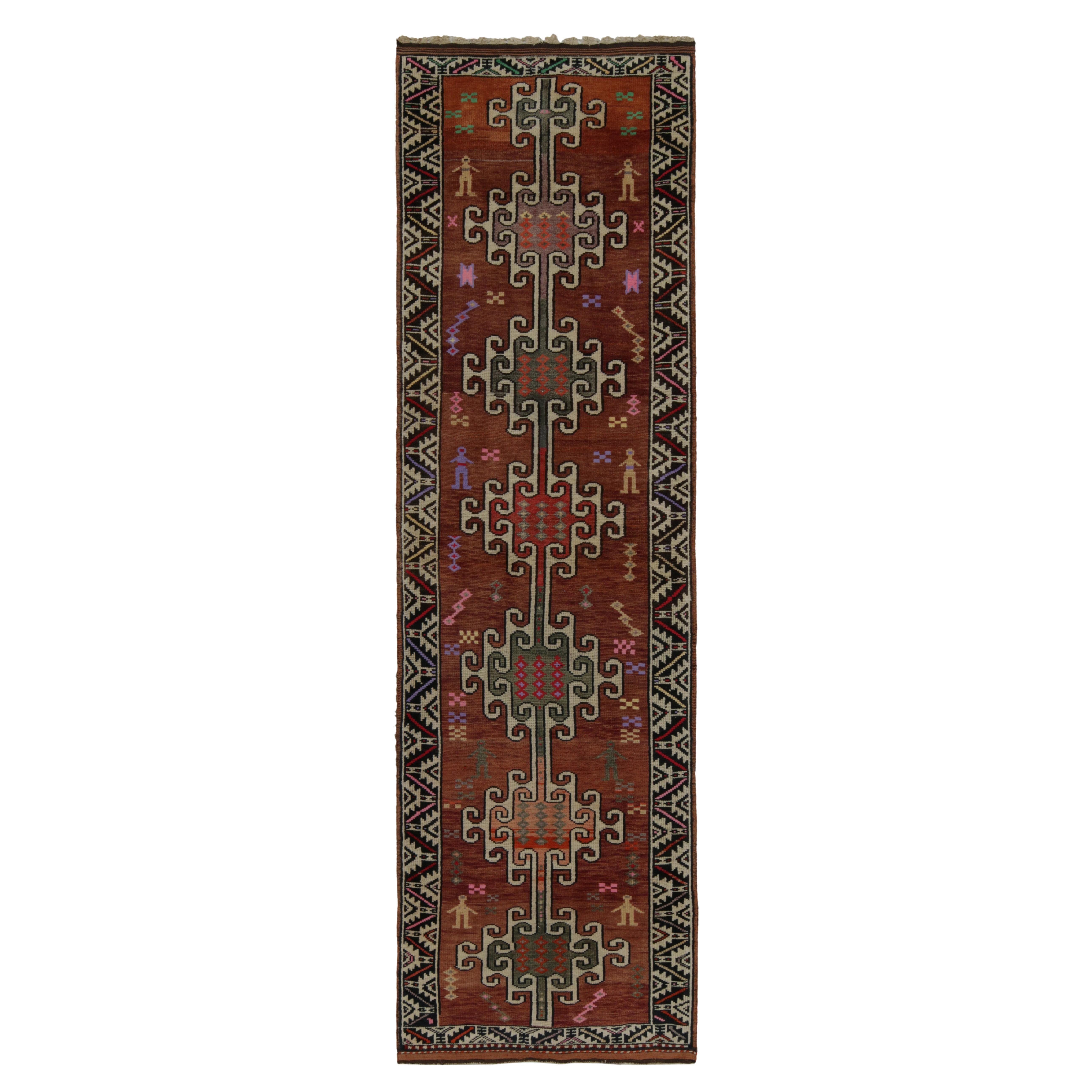 Vintage Turkish Tribal Runner in Brown and White & Multicolor by Rug & Kilim For Sale