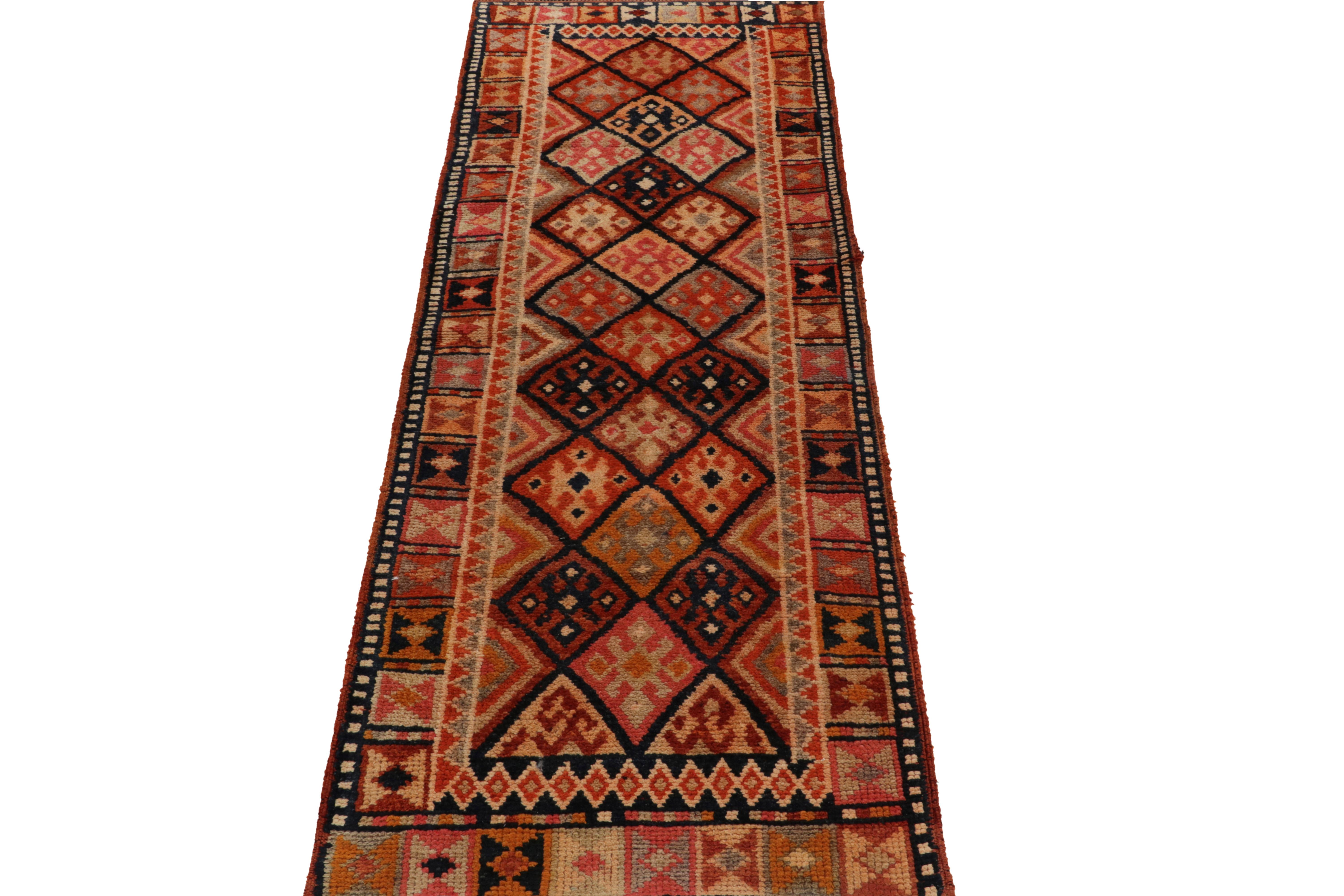 Hand-Knotted Vintage Turkish Tribal runner in Orange & Brown Geometric Motifs by Rug & Kilim For Sale