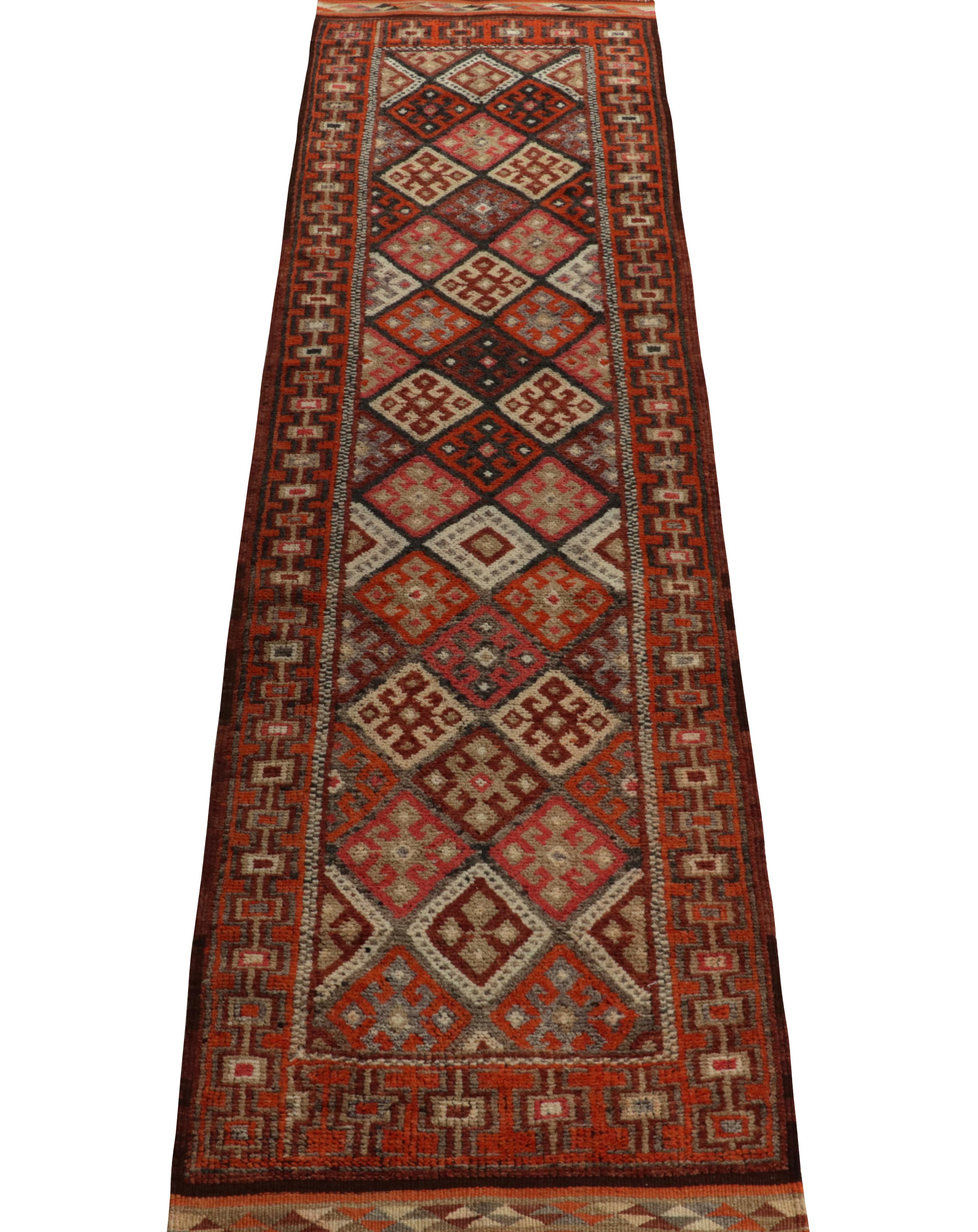 Hand-Knotted Vintage Turkish Tribal runner in Orange-Red Geometric Pattern by Rug & Kilim For Sale