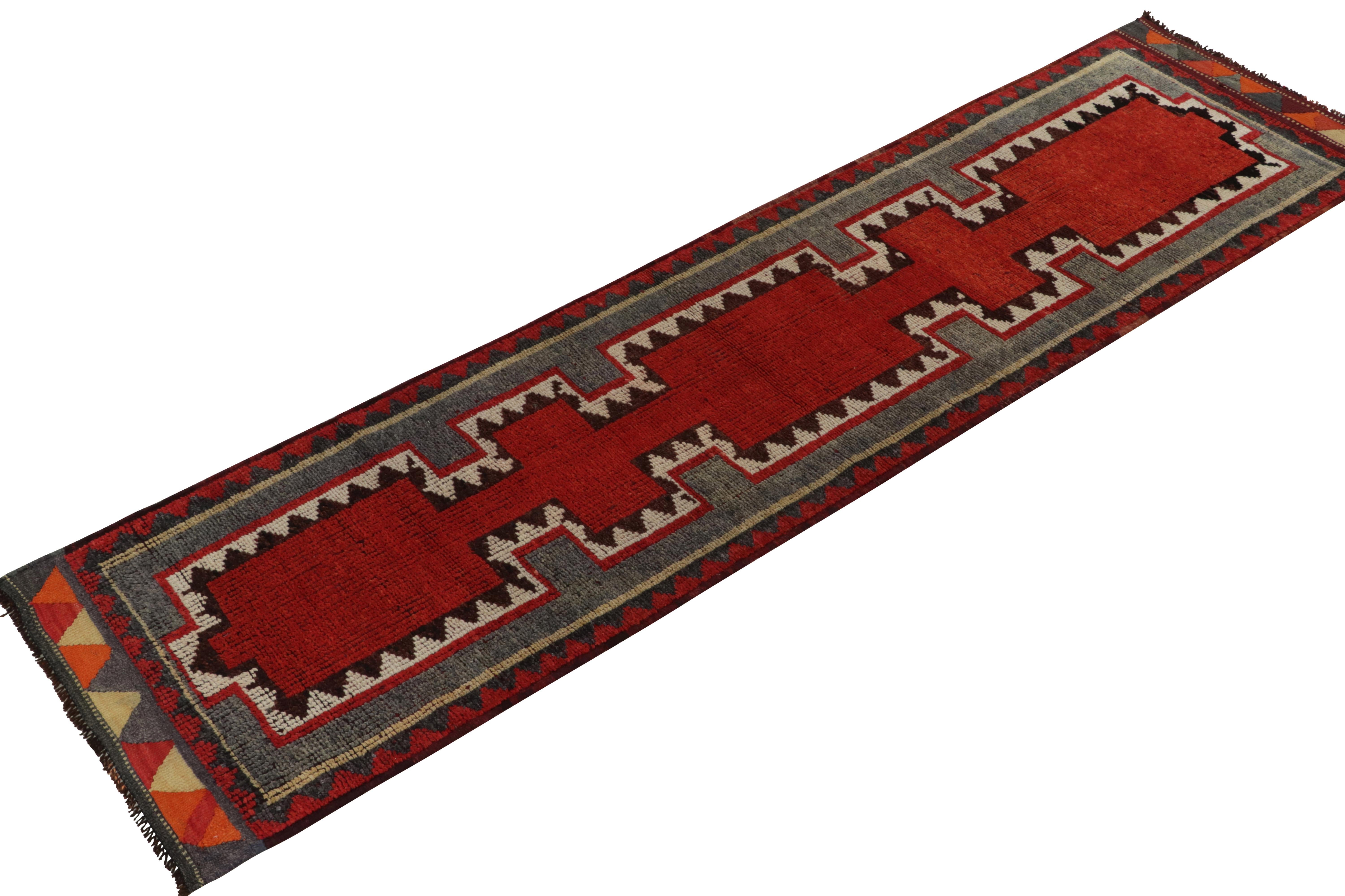 From Rug & Kilim Principal Josh Nazmiyal’s latest acquisitions, a distinct vintage runner originating from Turkey circa 1950-1960. The design enjoys a delicious, bright red open field smartly playing with blue and white geometric borders. Keen eyes