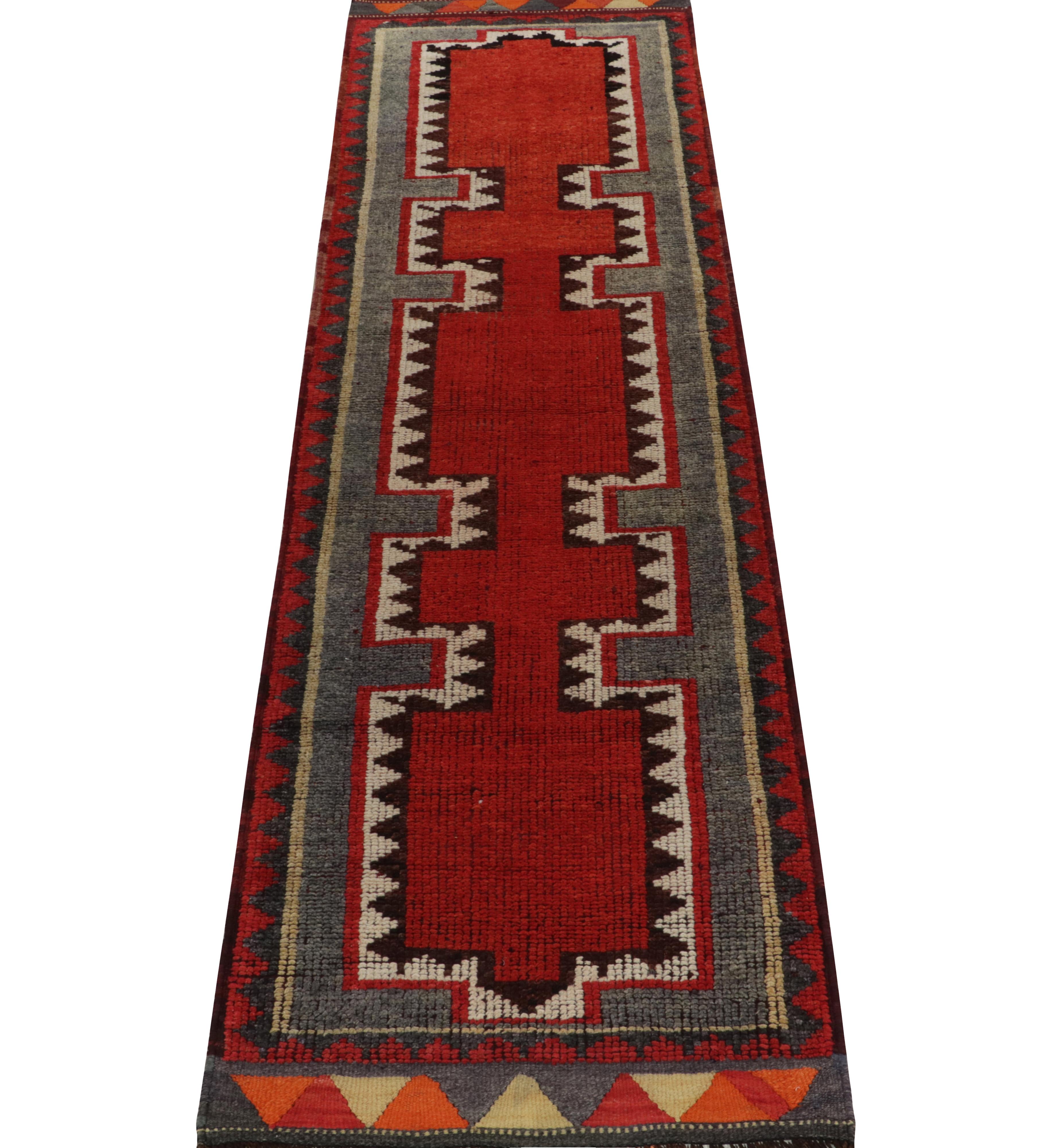 Hand-Knotted Vintage Turkish Tribal Runner in Red & Blue Geometric Patterns by Rug & Kilim For Sale