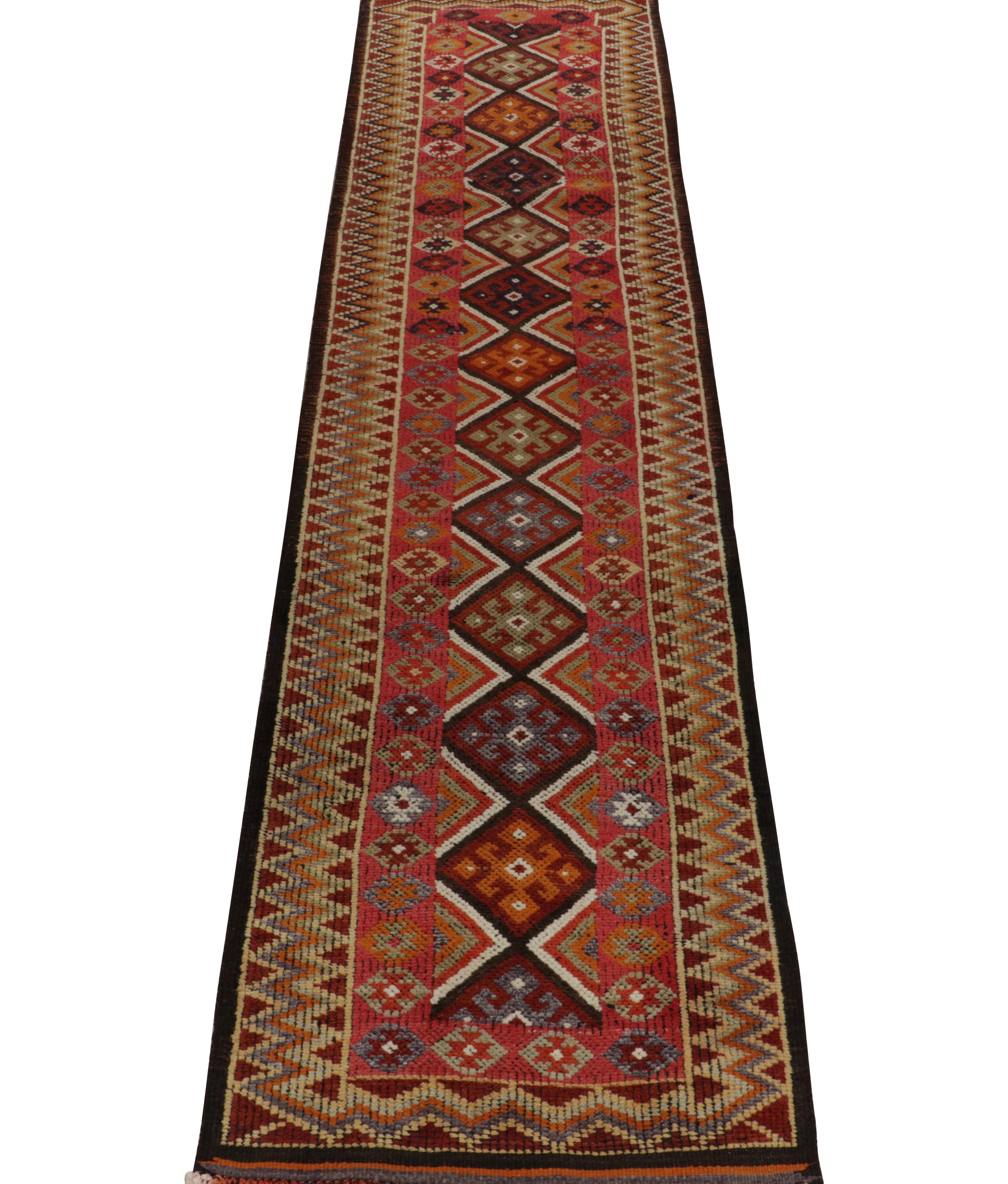 Hand-Knotted Vintage Turkish Tribal Runner in Red & Green Geometric Patterns by Rug & Kilim For Sale