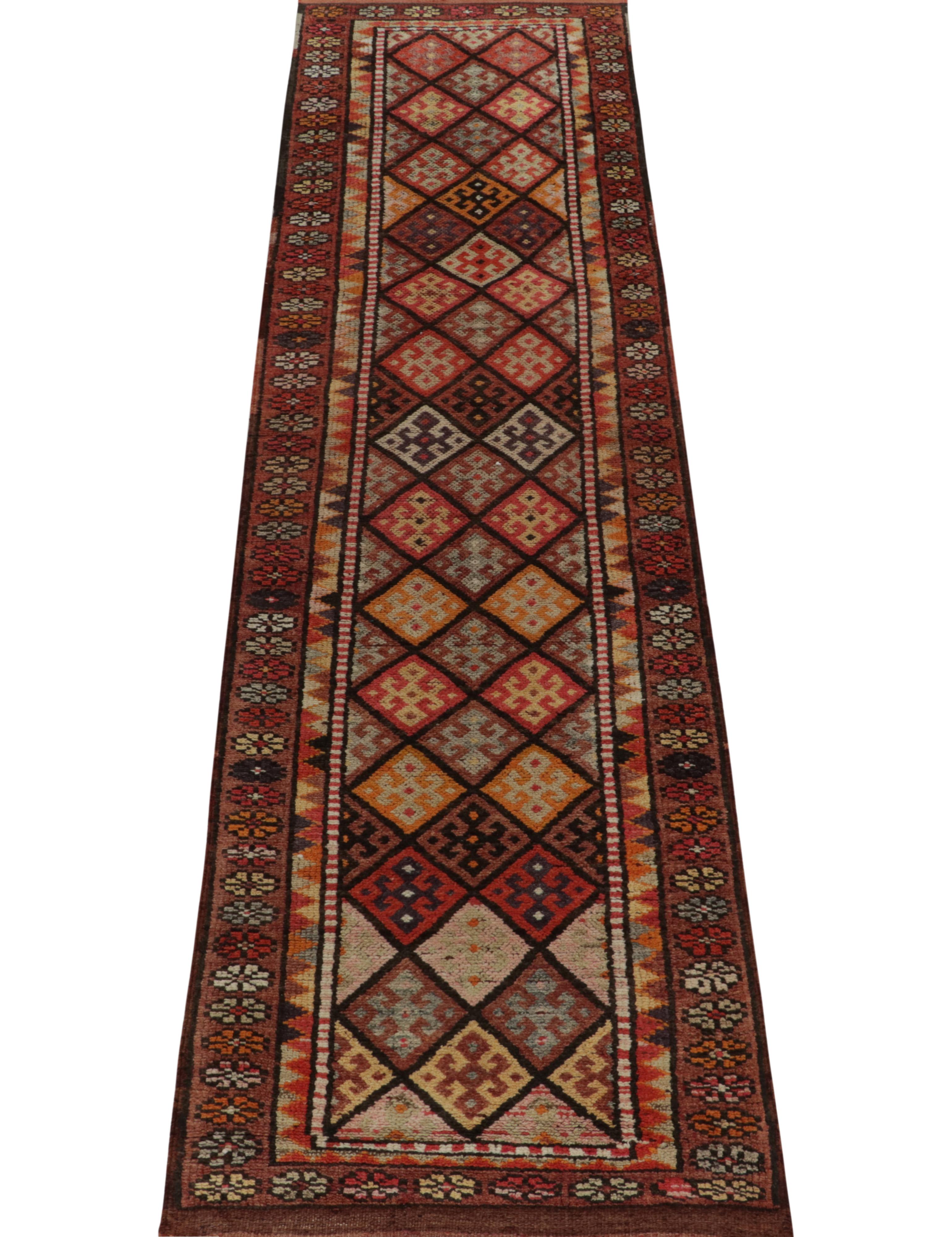 Hand-Knotted Vintage Turkish Tribal Runner in Red & Beige Geometric Motifs by Rug & Kilim For Sale
