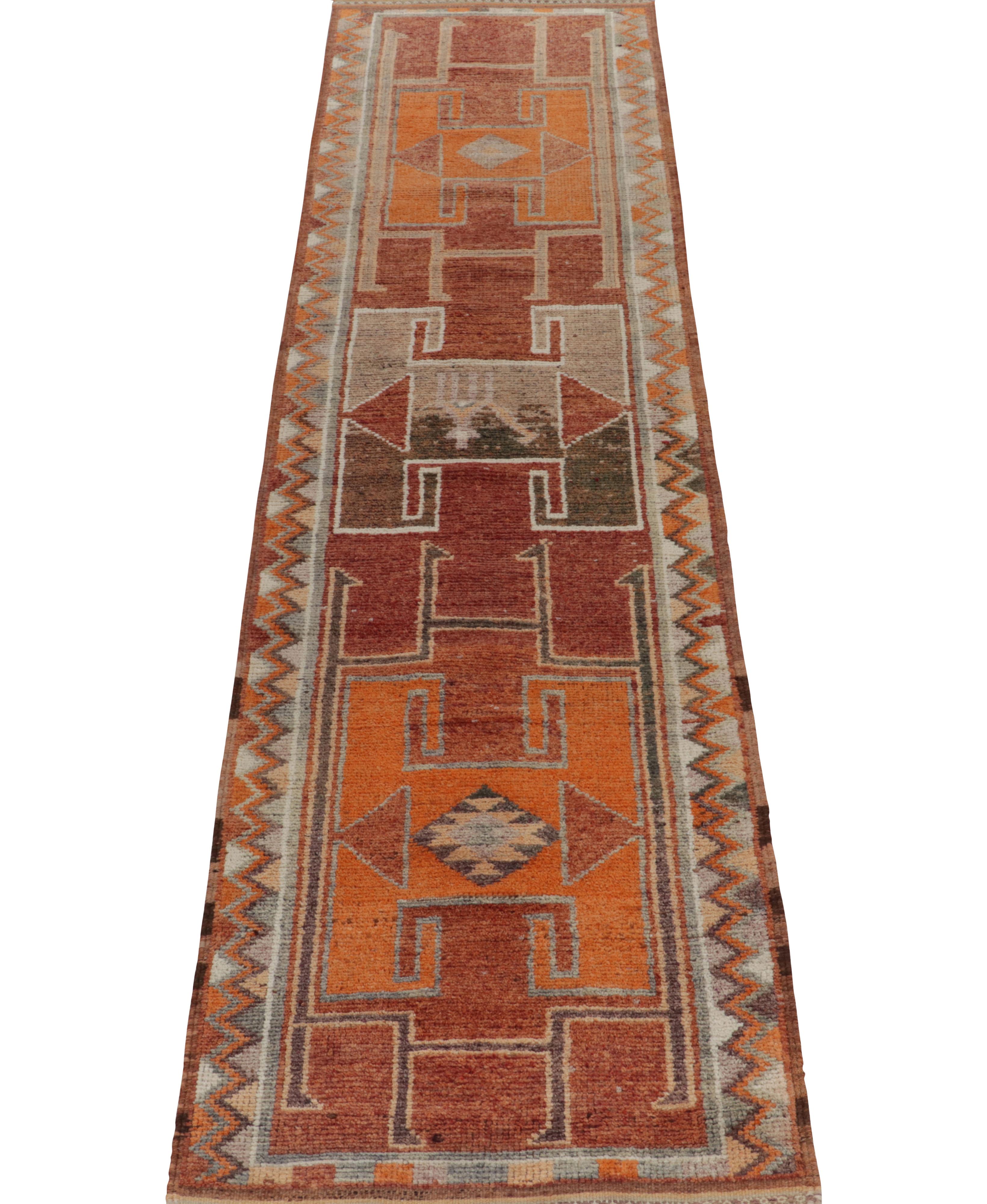 Hand-Knotted Vintage Turkish Tribal Runner in Red, Orange Geometric Pattern by Rug & Kilim For Sale