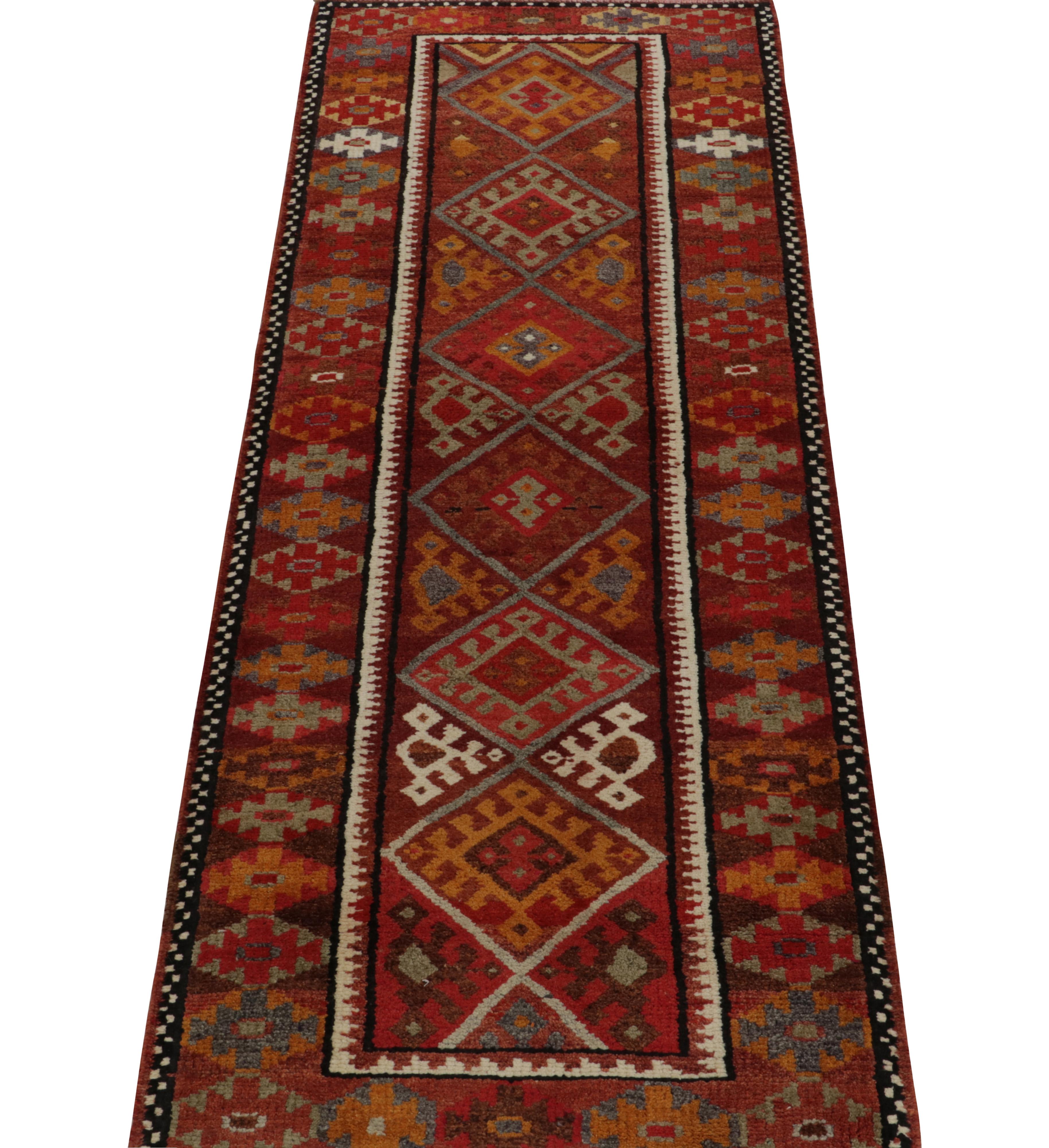 Hand-Knotted Vintage Turkish Tribal Runner in Red, Orange Geometric Pattern by Rug & Kilim For Sale