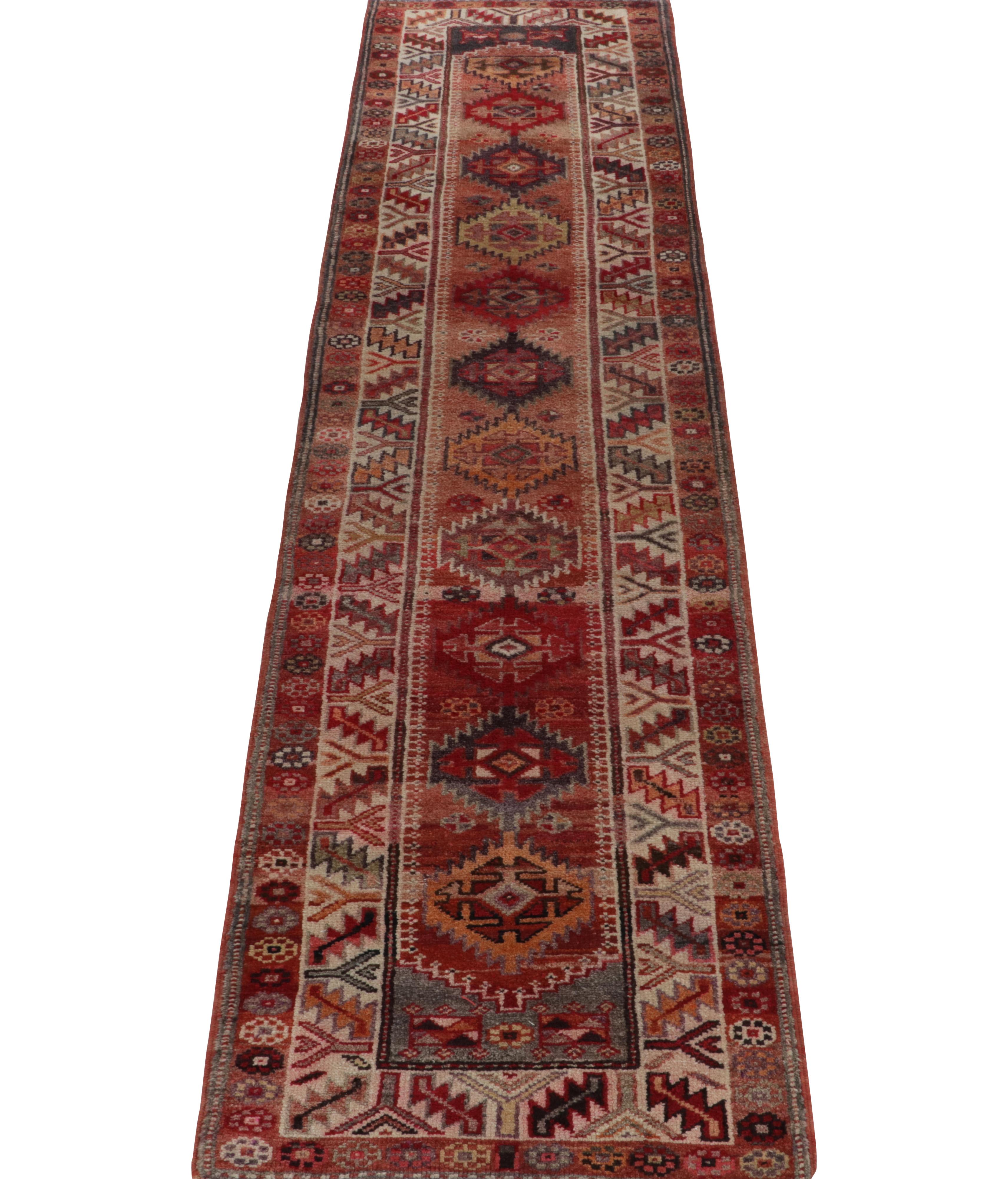 Hand-Knotted Vintage Turkish Tribal Runner in Red with Colorful Geometric by Rug & Kilim For Sale