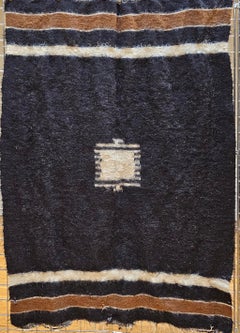 Vintage Turkish Tulu Rug, Handwoven Wool, Dark Brown/Black & Ivory
