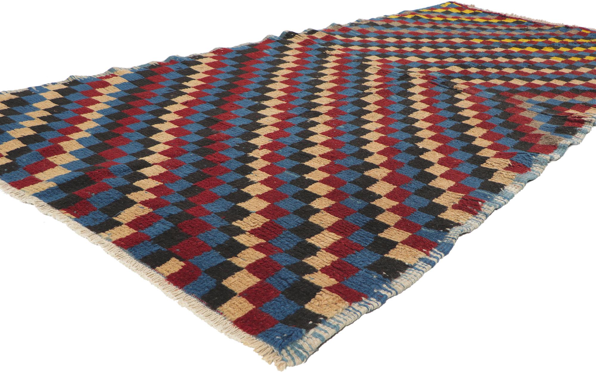 51577 Vintage Turkish Tulu Rug, 03'10 x 08'02. 
Emanating Midcentury Modern style with incredible detail and texture, this hand-knotted vintage Turkish Tulu rug is a captivating vision of woven beauty. Alternating blocks of color combined with the